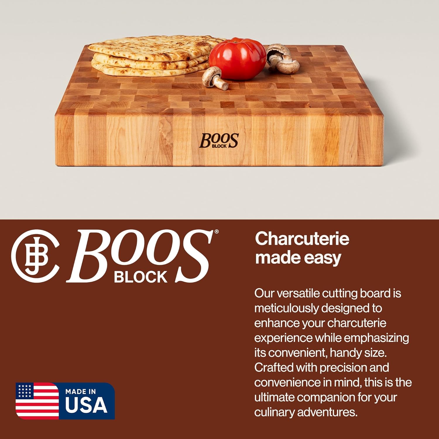 John Boos CCB Series Square Wooden Maple Cutting Board 18”x18” – 3” Thick, 26-lb Reversible Butcher Block with End-Grain & Finger Grips – Made in the USA