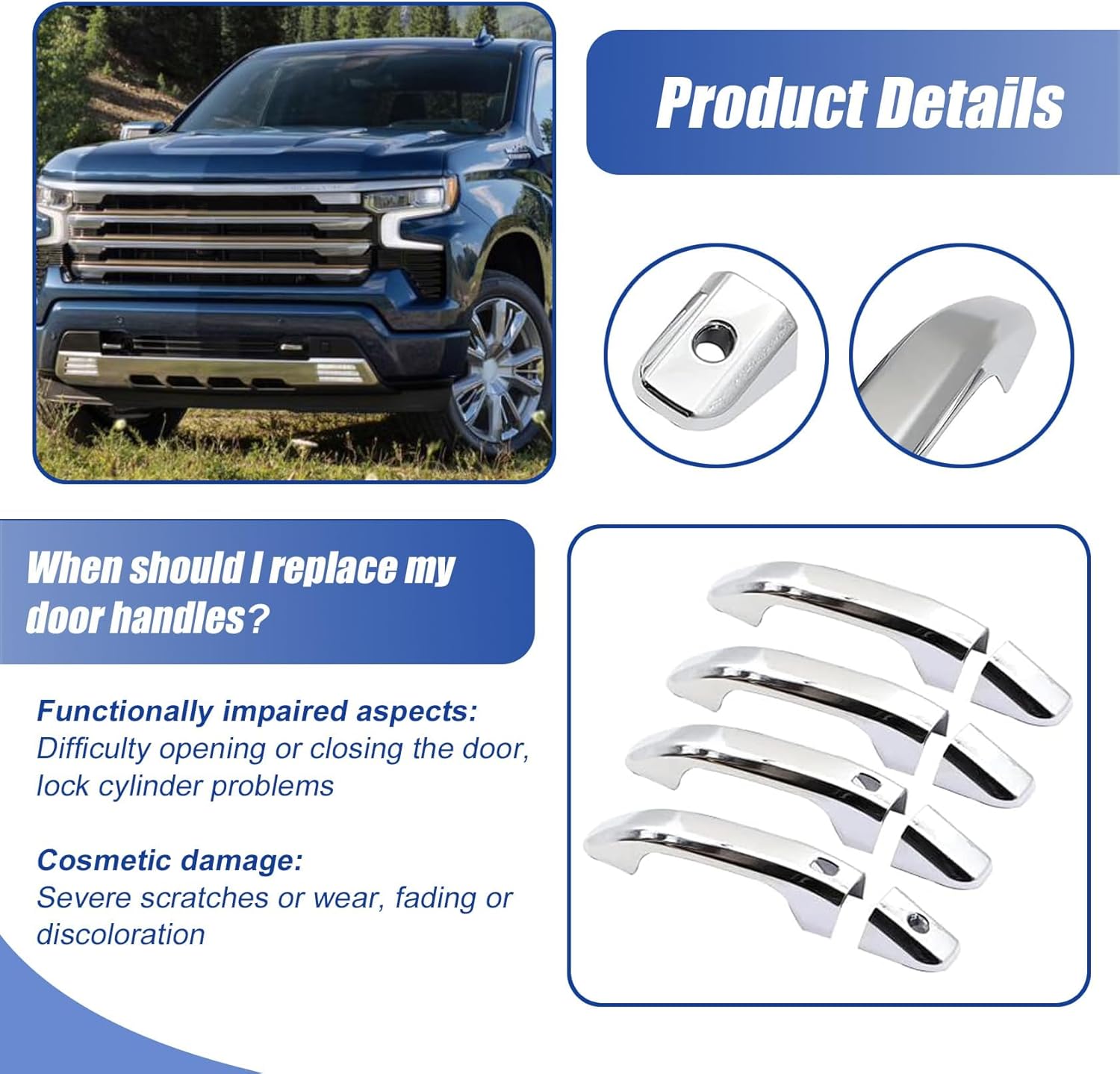 FZJDSD 4Pcs Chrome Door Handle Cover Trim with 2 Smartkey Button Auto Sensor Holes Compatible with Chevy Silverado 1500 2500HD 3500HD 2019-2021 Compatible with GMC Sierra 1500 2500HD 3500HD 2020 2021