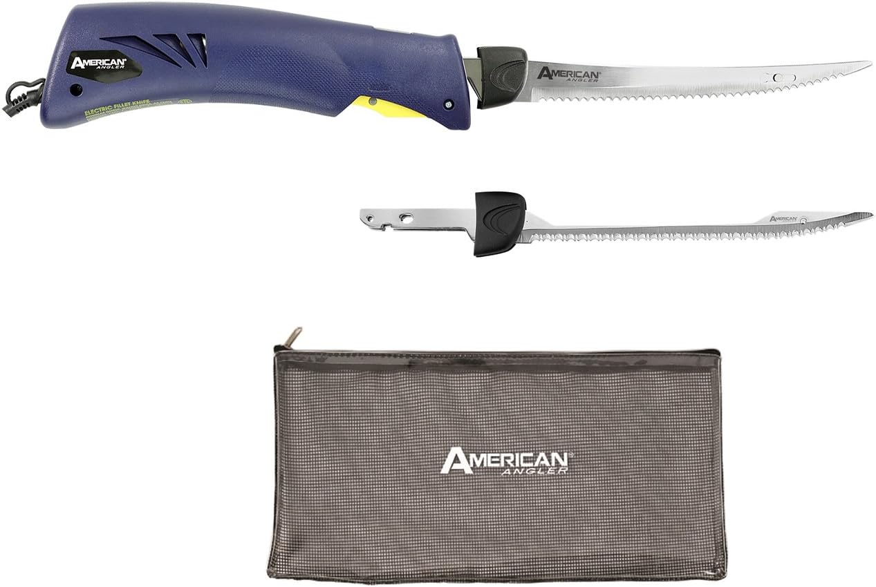 American Angler Classic Heavy Duty Electric Fillet Knife Precision Kit – 110 Volt High Performance Motorized Handset with 8-Inch Stainless Steel Curved Blade and Shark Blade, 31454DS