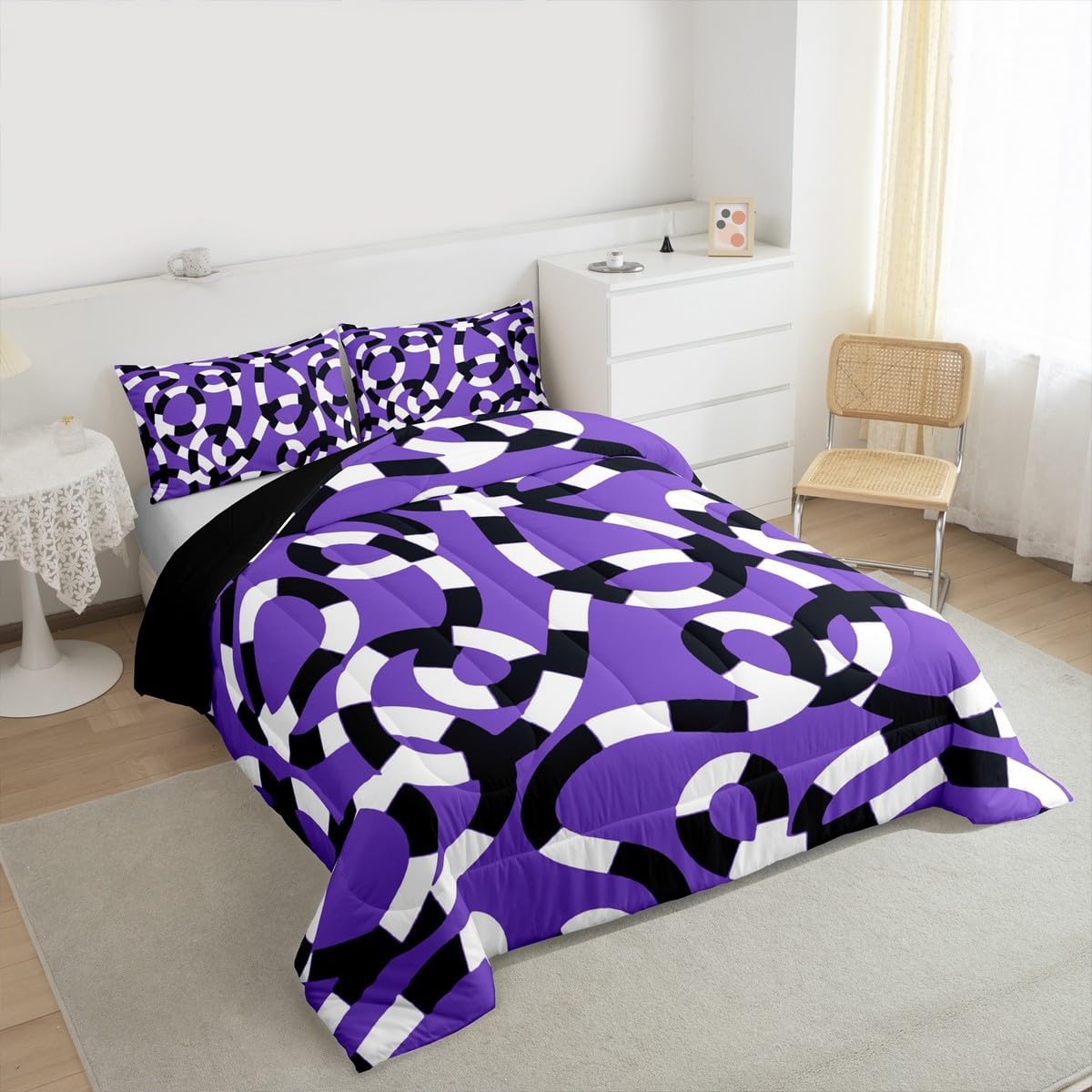 Black and White Stripe Comforter Set Queen Size,Modern Art Bedding Set 3Pcs for Kids Teens Adults Room Decor,Abstract Serpentine Duvet Insert Purplr Fashion Quilted Duvet Sets,2 Pillowcases