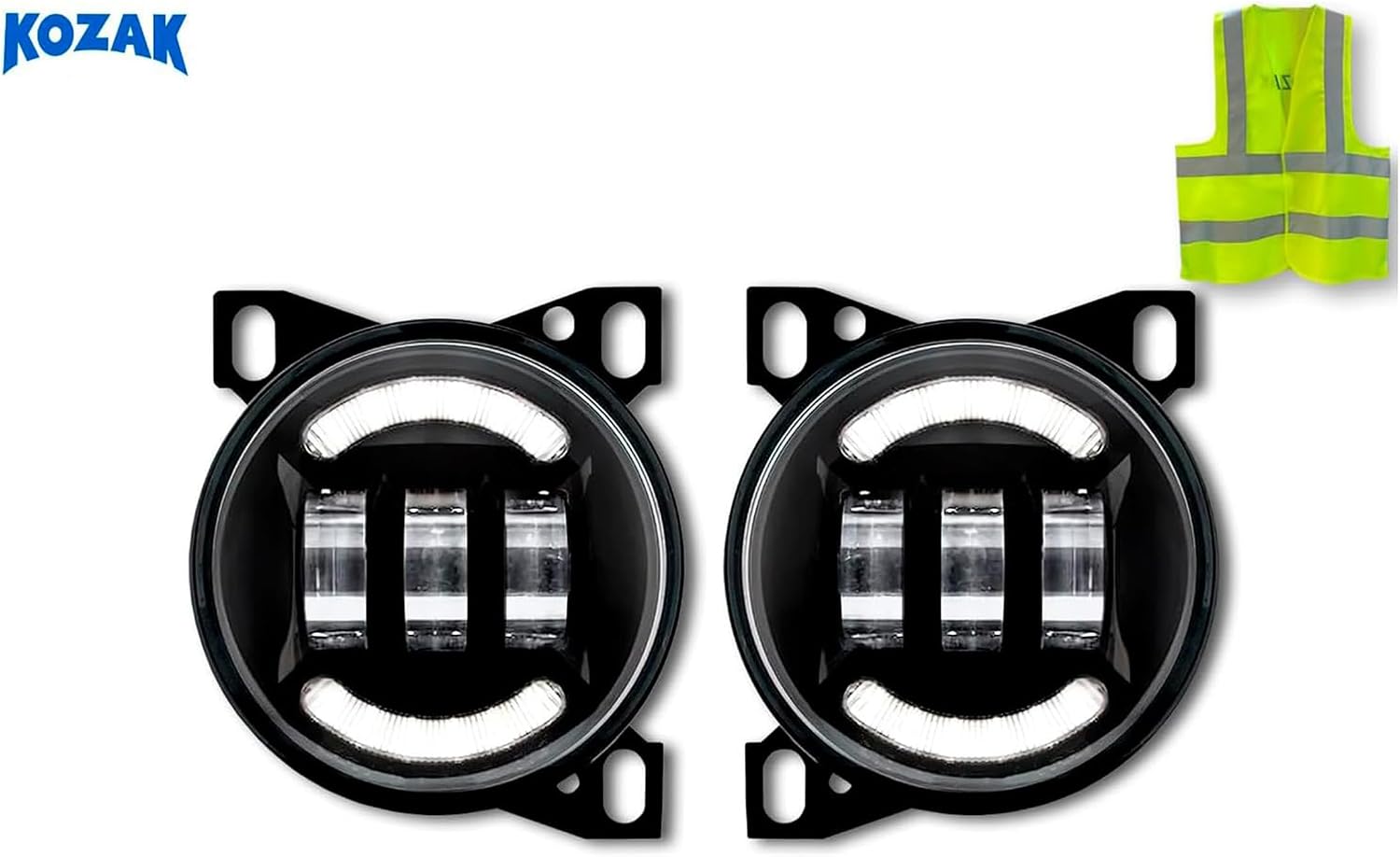 KOZAK Black Full LED Fog Lights Lamp w/LED Arches High Power Pair Set (Left Driver and Right Passenger Side) compatible with Kenworth T660 PLUS Logo and Vest
