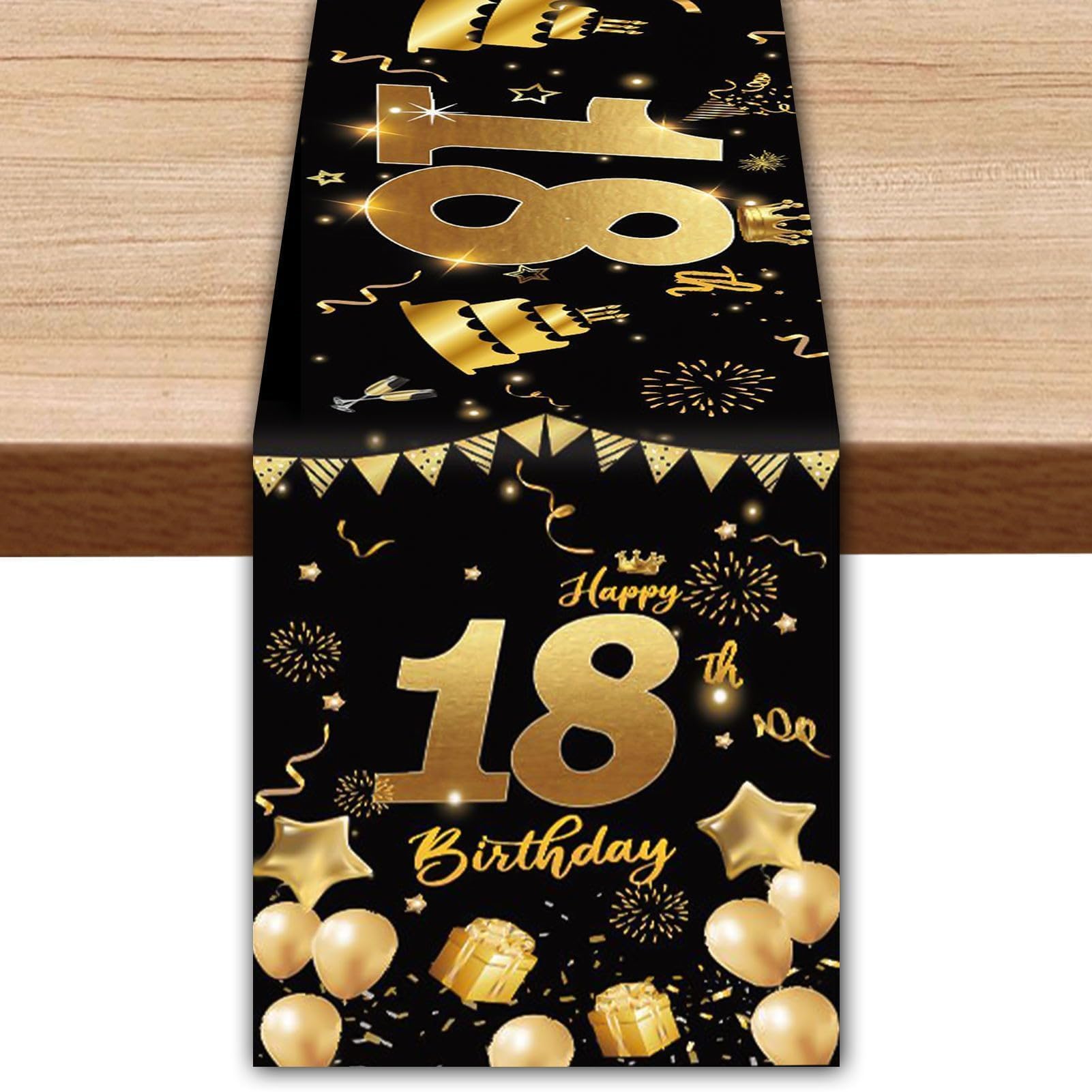 Senken Runner Da Tavola 180x35 Cm Per 16° Compleanno – Nero E Rosa Con Scritta Glitterata 'Happy 16th Birthday', Corona E Stelle, Decorazioni Festa Per Ragazze - copertina