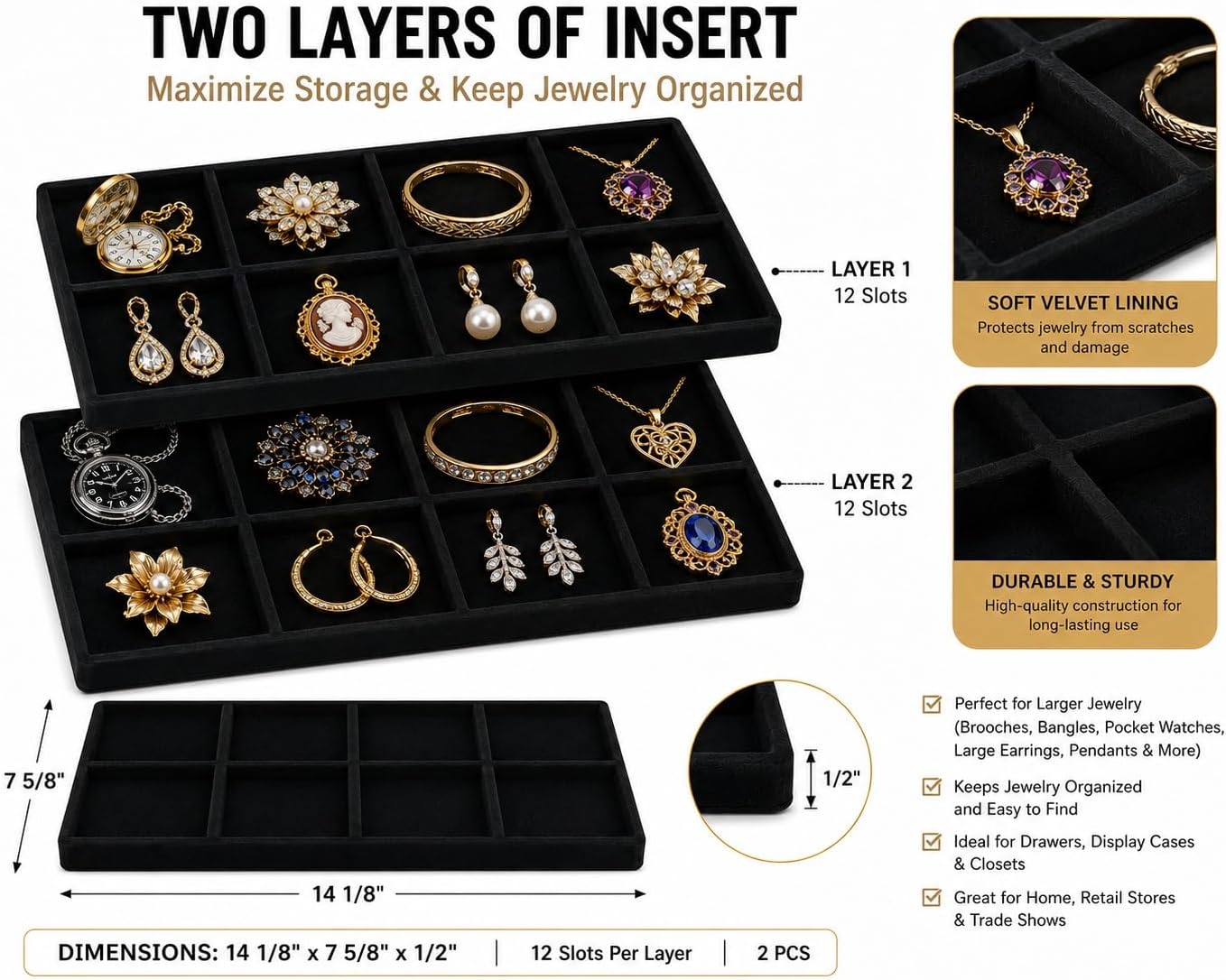 RJ Displays 5 Black 12 Slot Pocket Watch, Pendants, Earrings, Bracelets, Jewelry Display, Watch Part, Jewelry Findings, Jewelry Accessories, Jewelry Case and Jewelry Tray Inserts 14 3/4" x 8 1/4" Inch