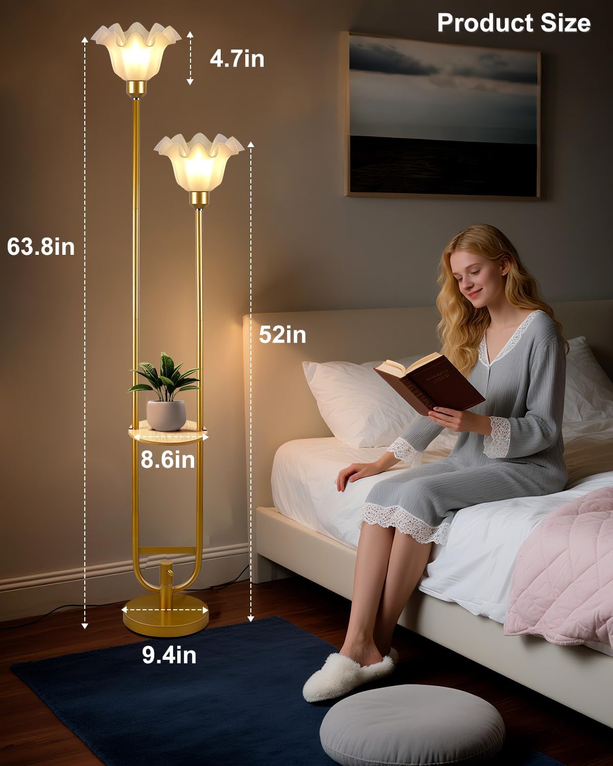Dimmable Flower Floor Lamps with Table, 2-Lights Dimmable Floral Floor Lamp, 3000K Warmwhite Candle Holder Style Modern Floor Lamp, Rustic Gold Standing Lamp for Living Room Bedroom
