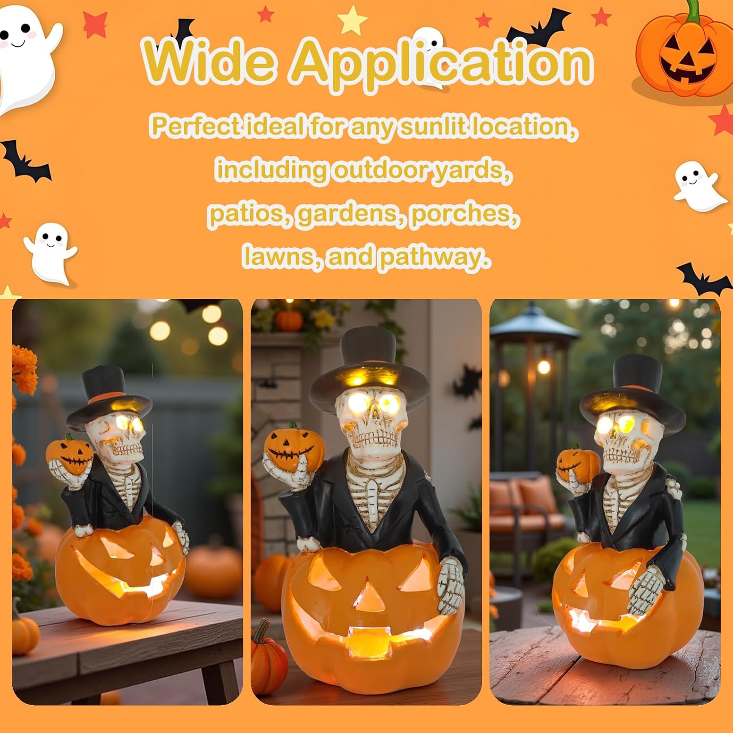 Solar Outdoor Decorations Wizard Skeleton with Pumpkin Figurine Lights, Fall Pumpkin Garden Decor for Yard Patio Porch, LED Skull Gothic Party Accessories, Home Gift for Mardi Gras Shrove Tuesday