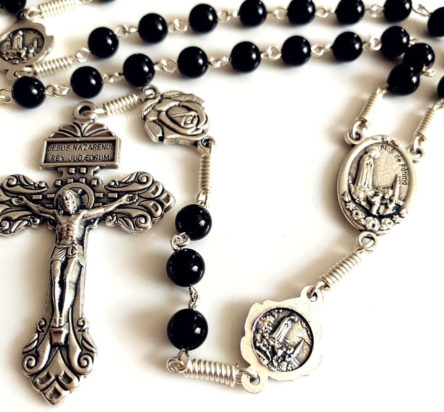 elegantmedical HANDMADE Lady of Fatima Black Agate Beads Gift Rosary Necklace Cross Pardon Crucifix Catholic Gifts