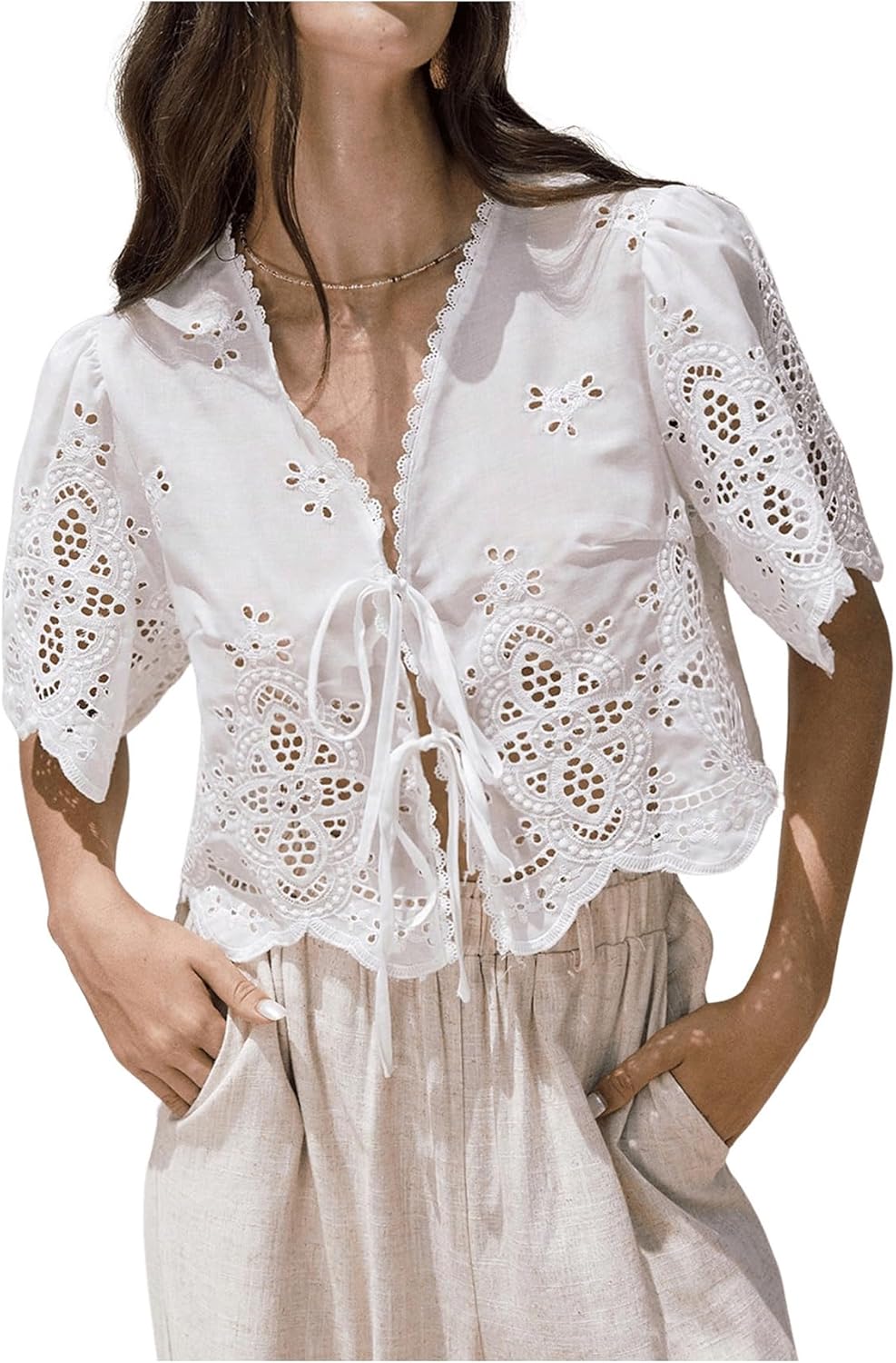 SOLY HUX Women's Hollow Tie Front Crop Tops Ruffle Short Sleeve V Neck Summer Blouse Shirts