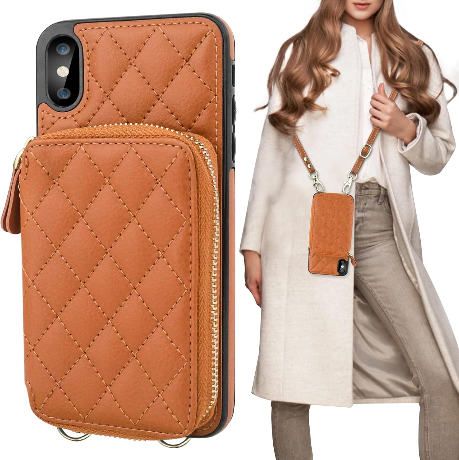 Bocasal Crossbody Wallet Case for iPhone Xs Max, RFID Blocking PU Leather Zipper Handbag Purse Flip Cover, Kickstand Folio Case with Card Slots Holder Wrist Strap Lanyard 6.5 Inch (Brown)