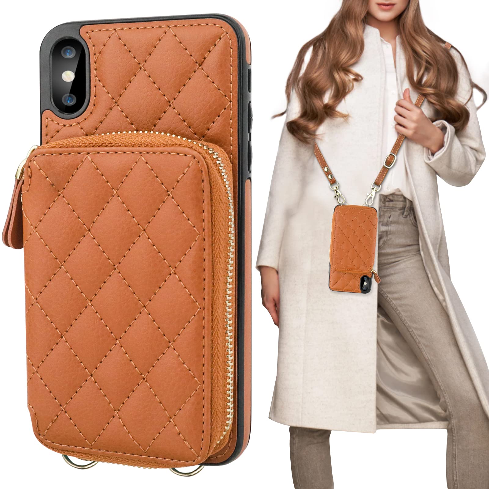 Bocasal Crossbody Wallet Case for iPhone Xs Max, RFID Blocking PU Leather Zipper Handbag Purse Flip Cover, Kickstand Folio Case with Card Slots Holder Wrist Strap Lanyard 6.5 Inch (Brown)