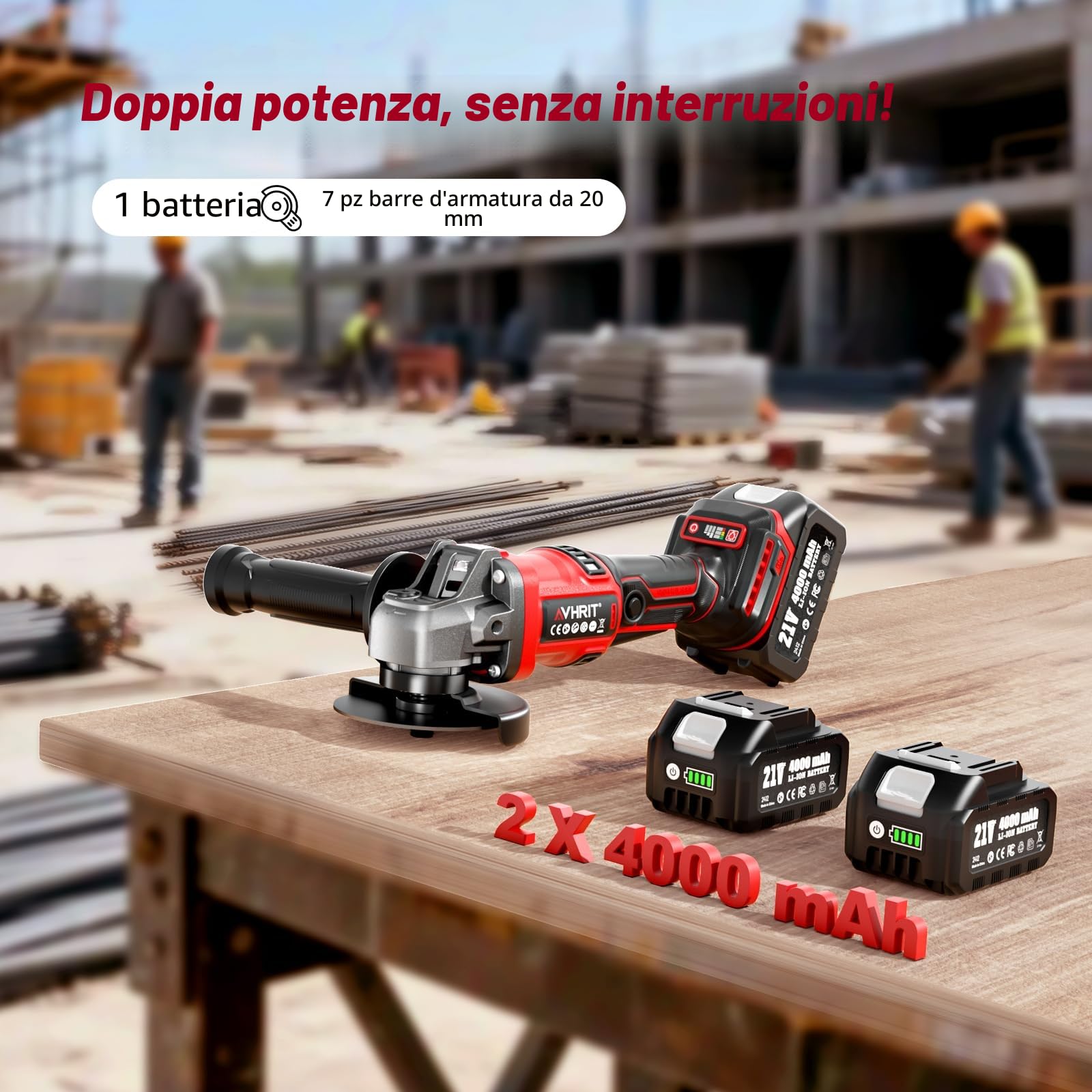 Smerigliatrice angolare a batteria, Smerigliatrice angolare senza fil con 2 batteria da 4000 mAH, display LED, motore brushless da per la smerigliatura di metalli e la rimozione della ruggine