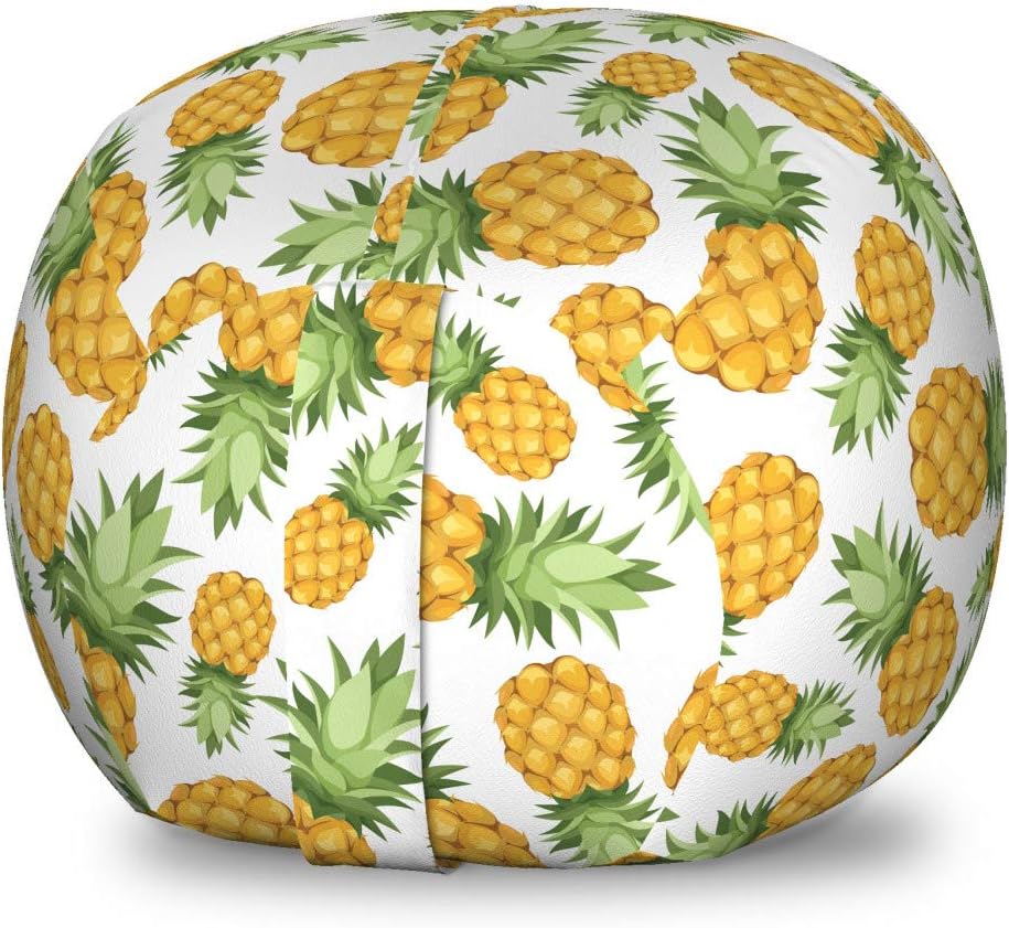 Ambesonne Yellow and White Storage Toy Bag Chair, Pineapples Tropical Climate Fruits Ripe Juicy Food, Stuffed Animal Organizer Washable Bag, Small Size, Earth Yellow Green White