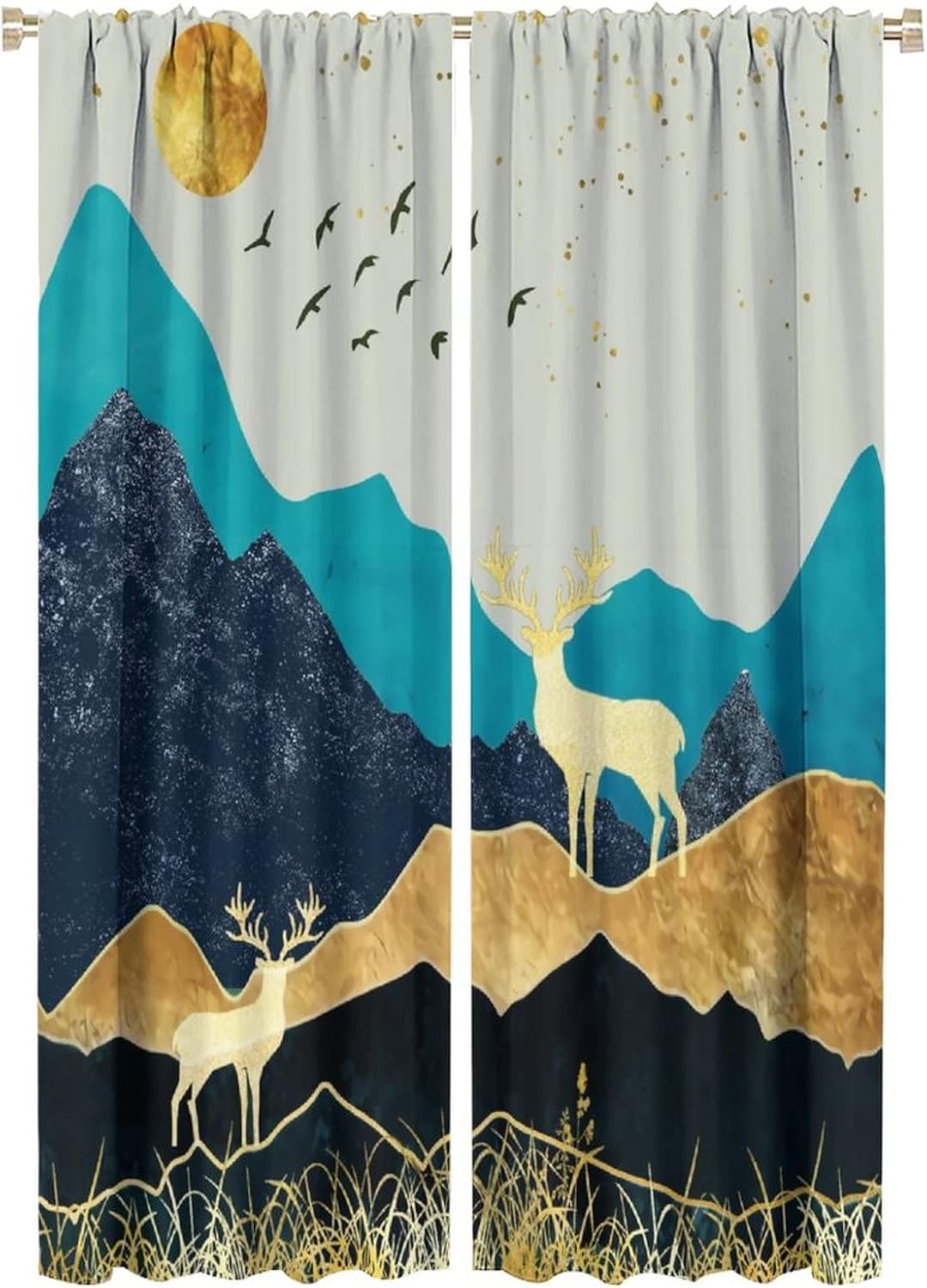 Abstract Wildlife Deer Rod Pocket Blackout Curtains - Rustic Farmhouse Misty Forest Deer Silhouette Window Treatment Set Energy Saving Thermal Insulated Drapes for Living Room 2 Panels 63L x 21W