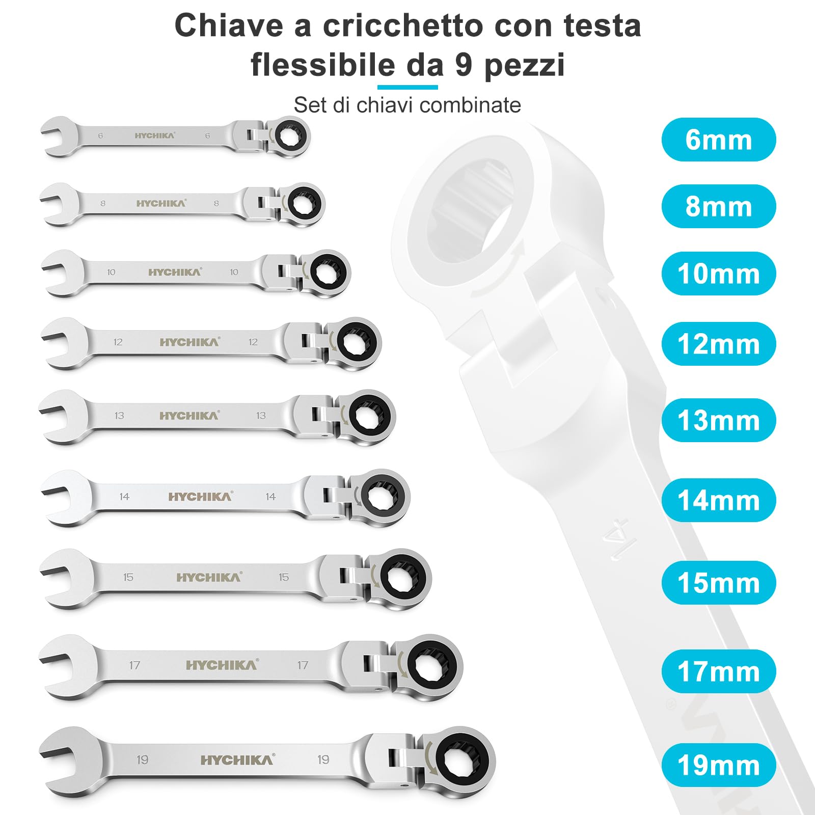 HYCHIKA Set Chiavi Inglesi 6-19mm, 9Pcs Chiavi a Cricchetto con Custodia Portatile, Set Chiavi a Cricchetto per Fai da Te e Riparazione