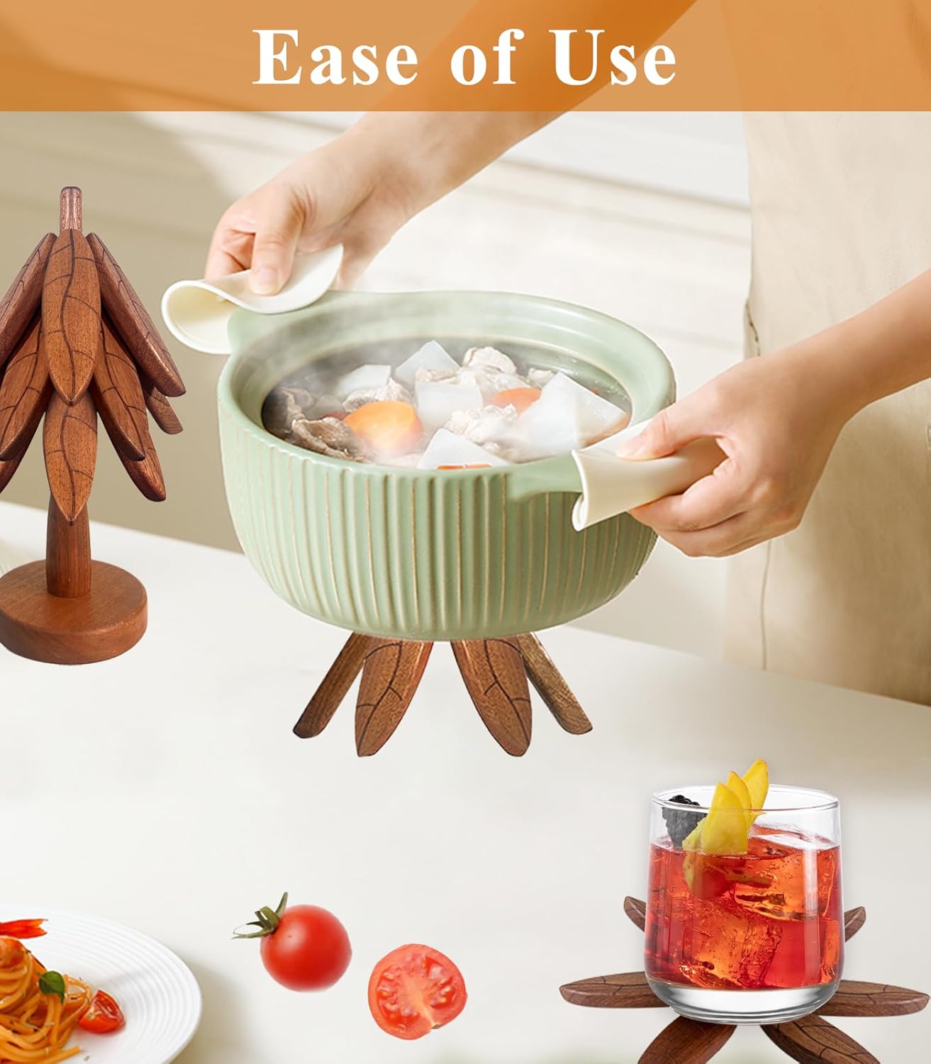 Tree Coasters, Wooden Trivets for Hot Dishes/Pot/Bowl/Teapot/Pans, Tree Shape Trivet Set - 4 Wooden Trivets + 1 Stand Stored, Kitchen Decor Gifts for Him/Her (Leaf Pattern - 4Pcs)