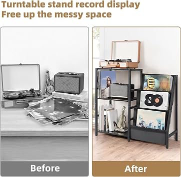 Bikoney Record Player Stand with 3-Tier Vinyl Storage for 200 LPs - Black