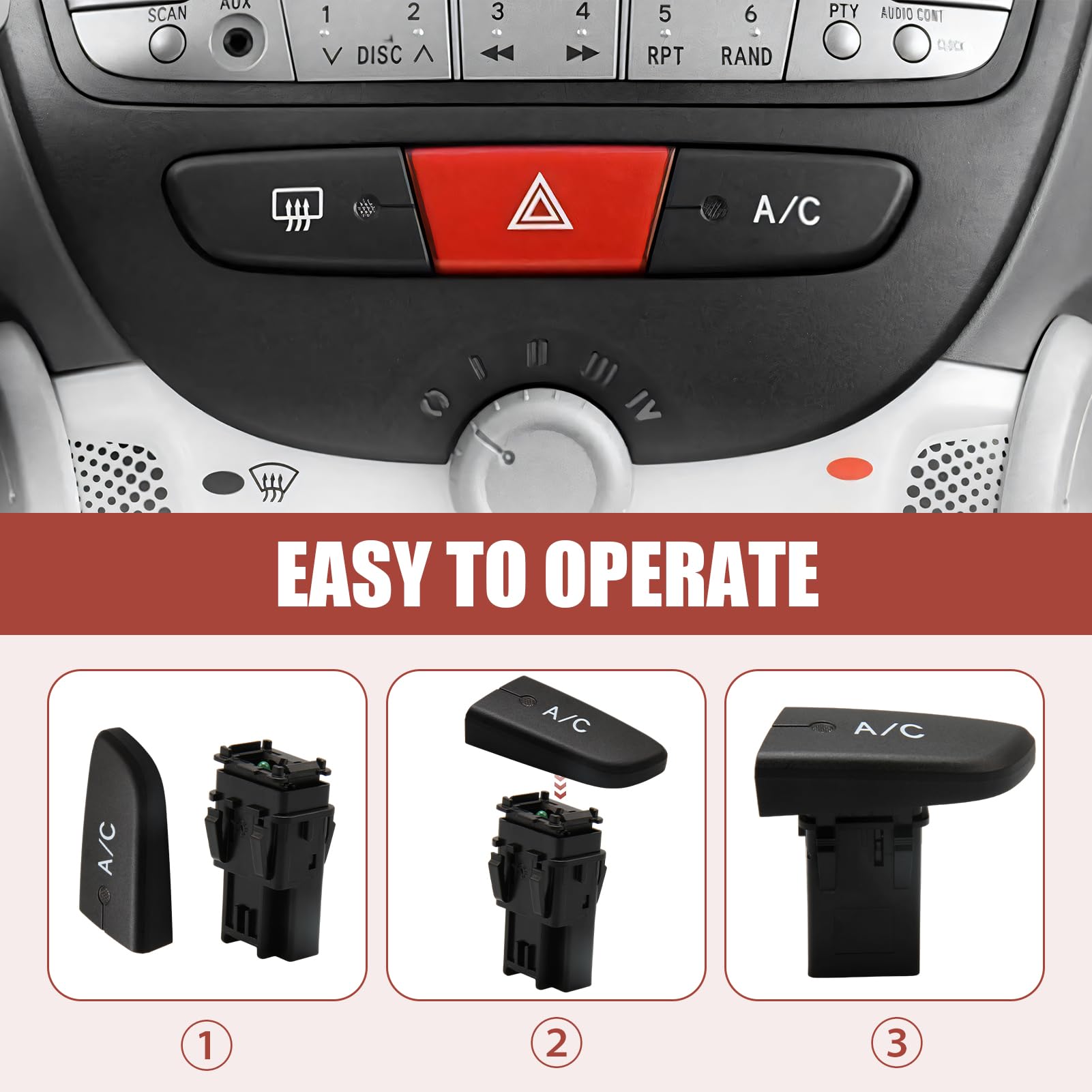 Interruttore di controllo del condizionatore d'aria compatibile con 107 C1 Aygo MK1 2005-2014 Interruttore a pulsante aria condizionata AC 6554KX