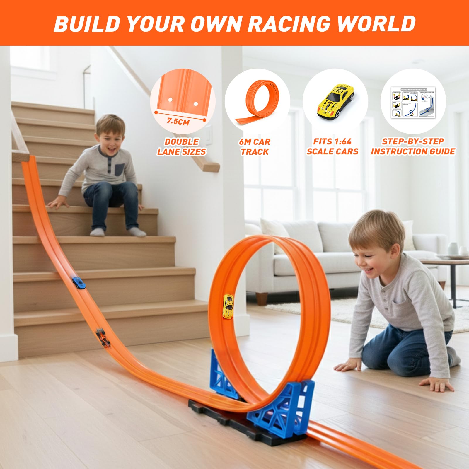 Dreamon 6 Metri Piste Macchinine per Bambini 3 4 5 6 Anni Pista Flessibile Macchinine con 4 Macchinine 2 Rampe 1 Borsa Portaoggetti 4 Ventose Regalo per Bambino e Bambine