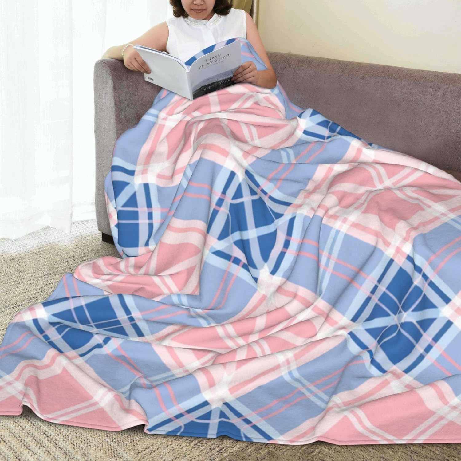 Manta Cuadros Geométricos 200x200 cm Manta Polar de Franela Rosa y Azul para Sofa y Cama, Mantas Ligeras, Caliente y Transpirable, Todas Las Estaciones A-2886
