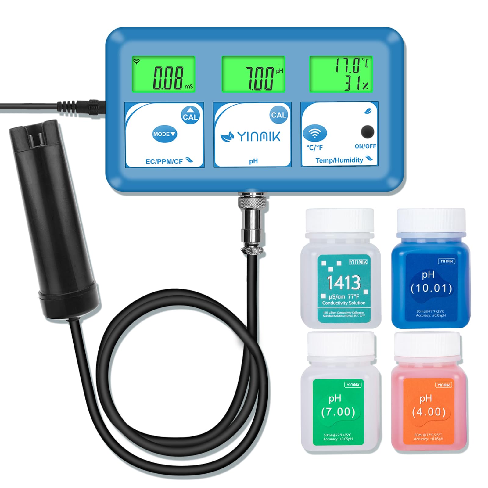 YINMIK Medidor de pH EC Hidroponía Analizador Digital de Calidad de Agua | Medir Temperatura y Humedad Instrumento pH Multifuncional Viene con Solución de Calibración