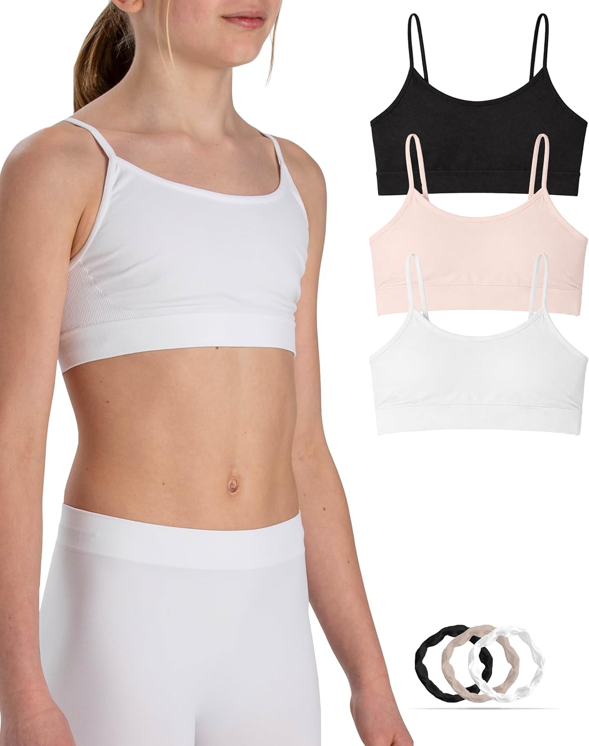 Risalti Girls’ Top Microfibre Thin Straps 3 Pcs – Girl Top in Soft Microfibre, Girls’ Underwear, Seamless Bra and Labels, Free Bracelets – Made in Italy