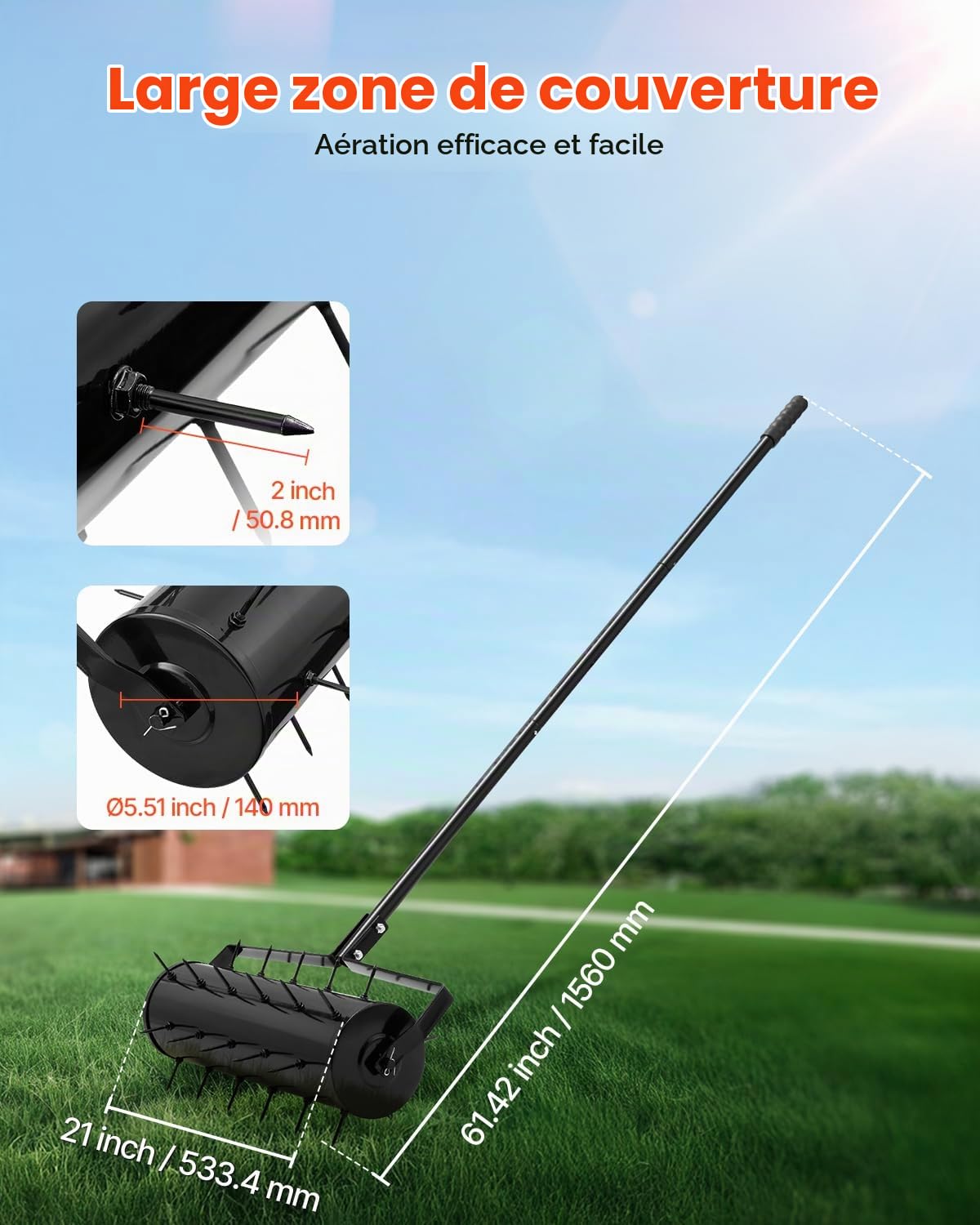 VEVOR Aérateur de Pelouse Roulant, 533,4 mm, Aérateur de Gazon Manuel Robuste avec Poignée Amovible, 33 Pointes en Fer, Outil d'Aération de Terrasse Roulant pour Jardin, Cour, Pelouses Compactés, Noir