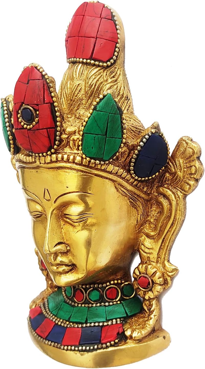 Purpledip Brass Idol Buddhist Goddess Tara: Wall Hanging Sculpture With Gemstones Overlay (10649)
