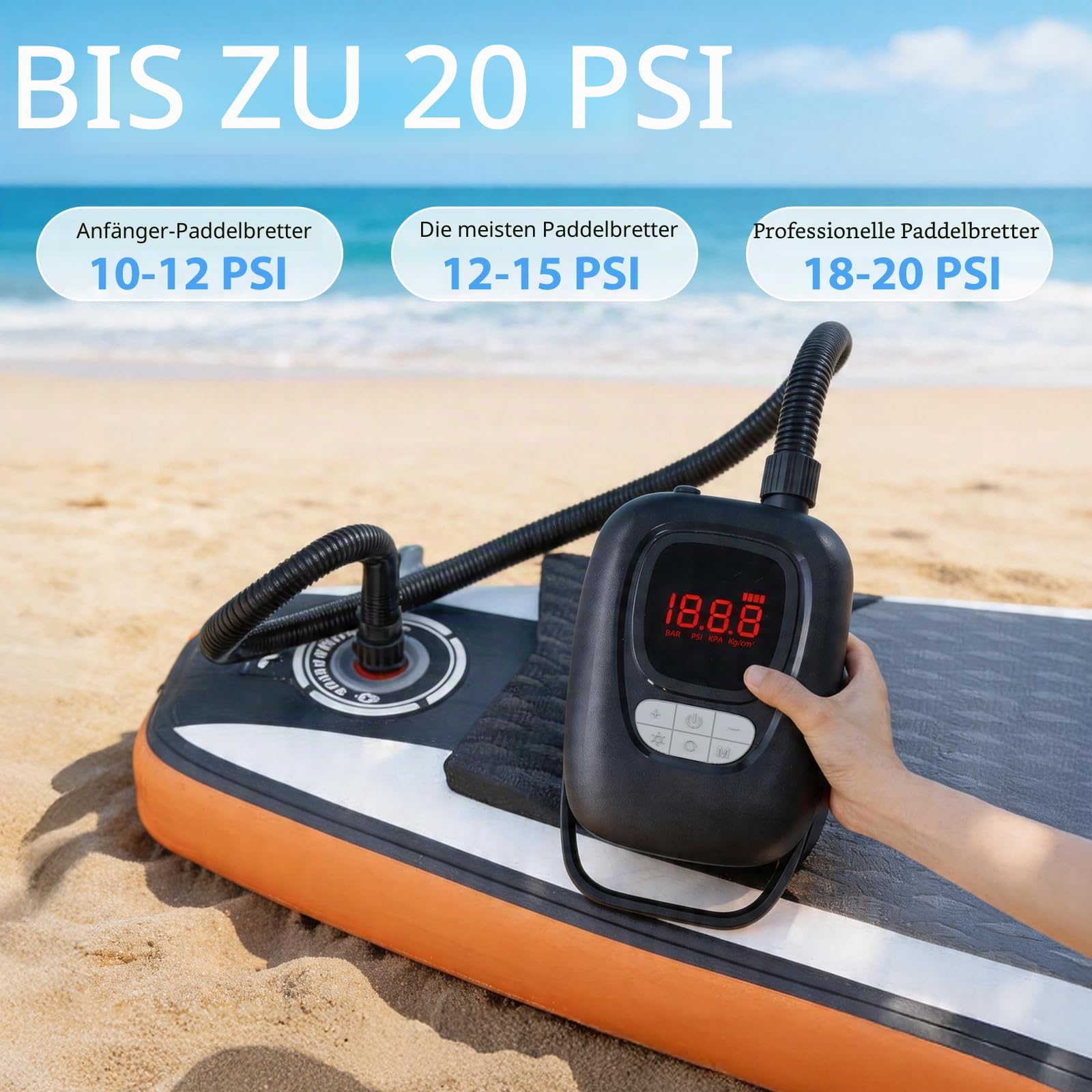 Elektrische SUP Pumpe 20 PSI – 2-Stufen Dual-Modus 550/390 L/min mit 6×2500mAh Akku, LED-SOS & Auto-Stopp – Tragbare Luftpumpe für Stand Up Paddle Board, Kajak, Schlauchboot, Camping