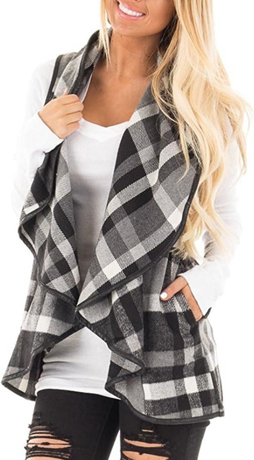 YACUN Women Plaid Vest Lapel Open Front Sleeveless Jacket Outerwear Cardigan with Pockets