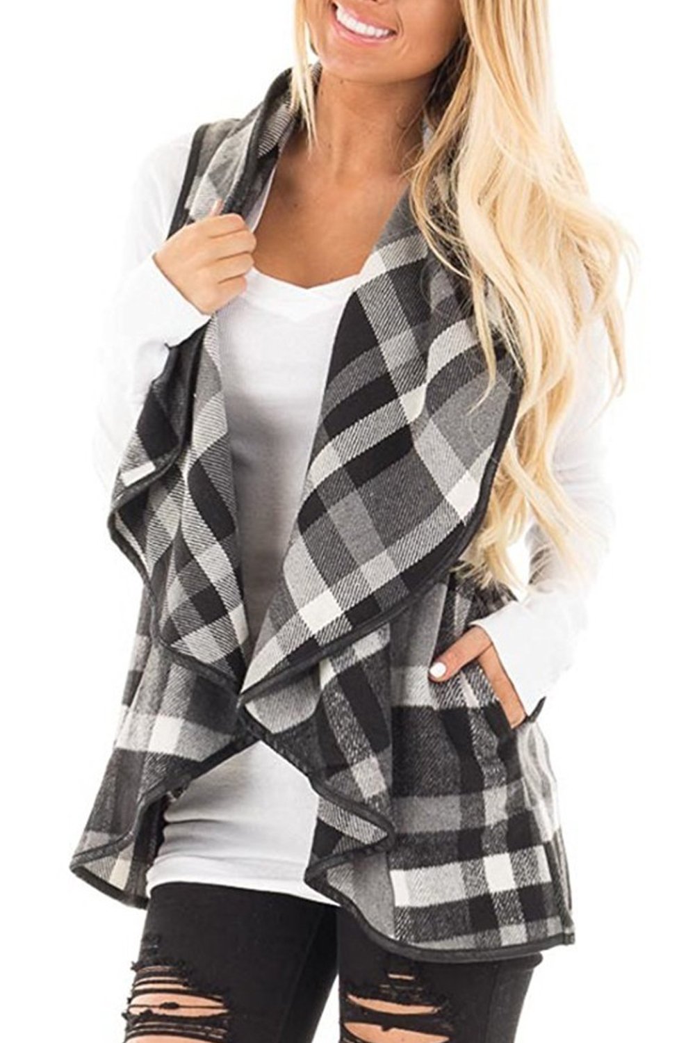 YACUN Women Plaid Vest Lapel Open Front Sleeveless Cardigan
