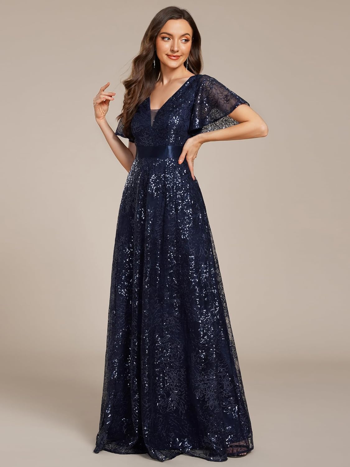 Ever-Pretty Women's V-Neck Sequin Embroidered Short Sleeve Floor-Length A-Line Empire Waist Evening Dresses 02314 - Image 3