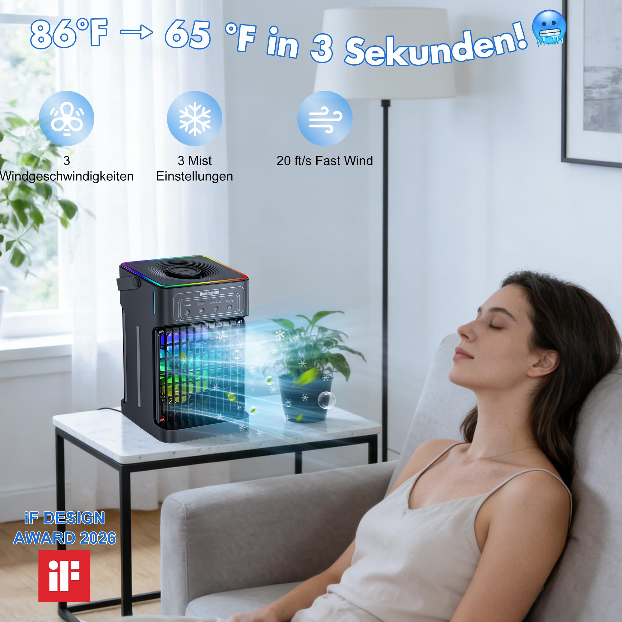 Klimaanlage Mobil, 4-in-1 Mobile Klimaanlage, Ventilator mit Wasserkühlung 1100ml Wassertank, Air Conditioner mit 3 Windgeschwindigkeiten,7 Farben Licht 3 Sprühfunktion, 2-8H Timer für Schlafzimmer