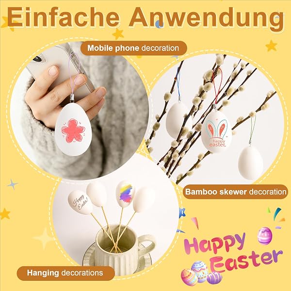 30 Deko-Eier Ostern, 6cm Kunststoff Ostereier zum Bemalen, 30 Aufhänger für Ostereier, Plastikeier Weiß, Eier zum Bemalen und Aufhängen, Osterhandwerk, Ostern Basteln für Dekoration und Geschenk - 4
