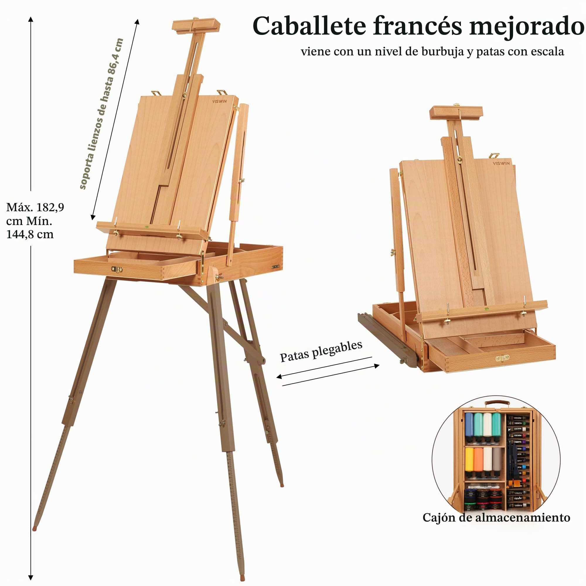 VISWIN Kit de Pintura Todo-en-Uno Profesional con Caballete de Aluminio y Haya, Set Completo con 96 Acrílicos, Acuarelas y Óleos, Lienzos, Kit Profesional para Adultos, Artistas, Niños