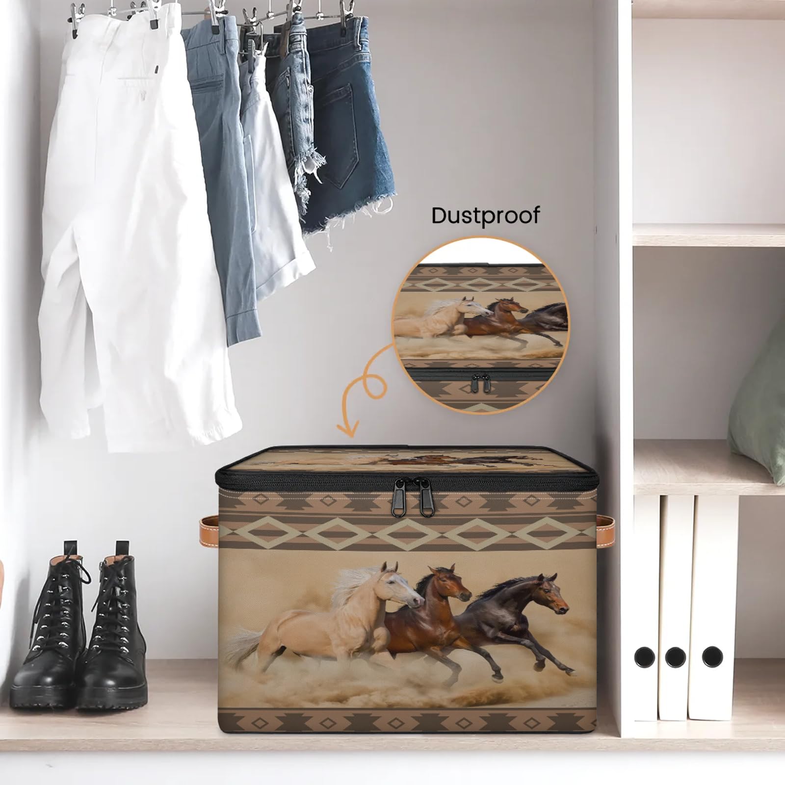 TropicalLife Boho etniczny bieg konie pudełko do przechowywania składany materiał duży kosz do przechowywania z pokrywką na zamek błyskawiczny sypialnia dom przedszkole organizer na zabawki ubrania