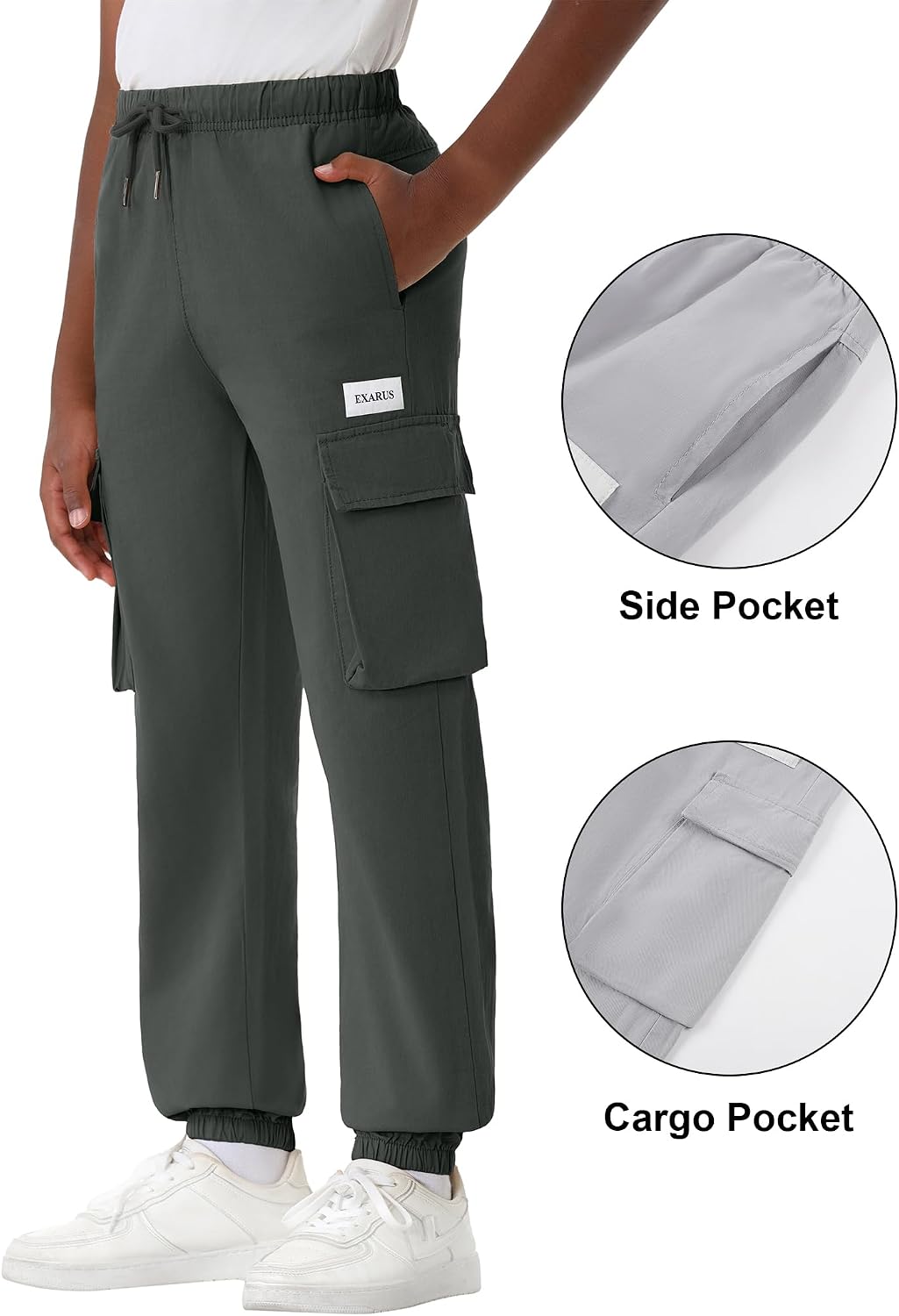 EXARUS 3 Pack Boys Cargo Joggers Pants Kids Cotton Quick Dry Lightweight Drawstring Hiking with Pockets Elastic Waist