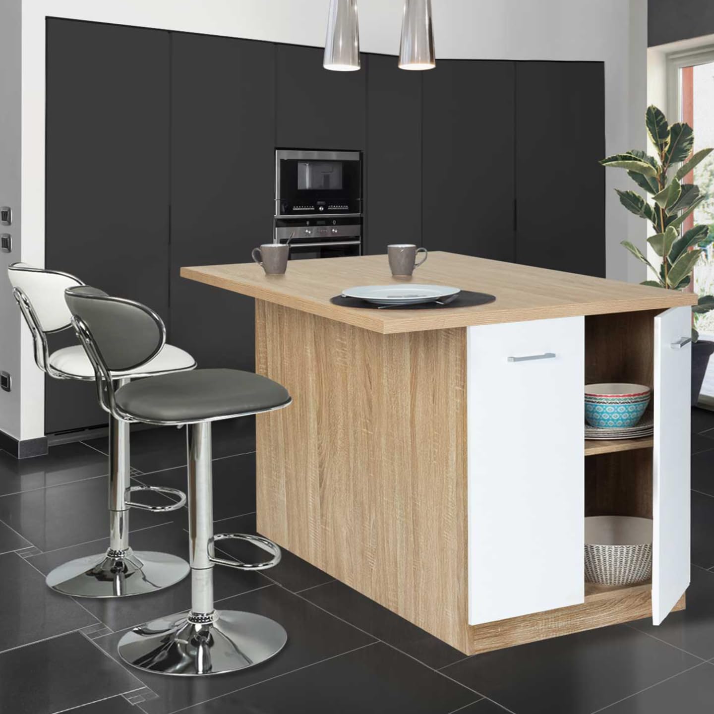 IDMarket - Ilot Central IVO 120 cm Bois façon hêtre Portes Blanches avec Plan de Travail