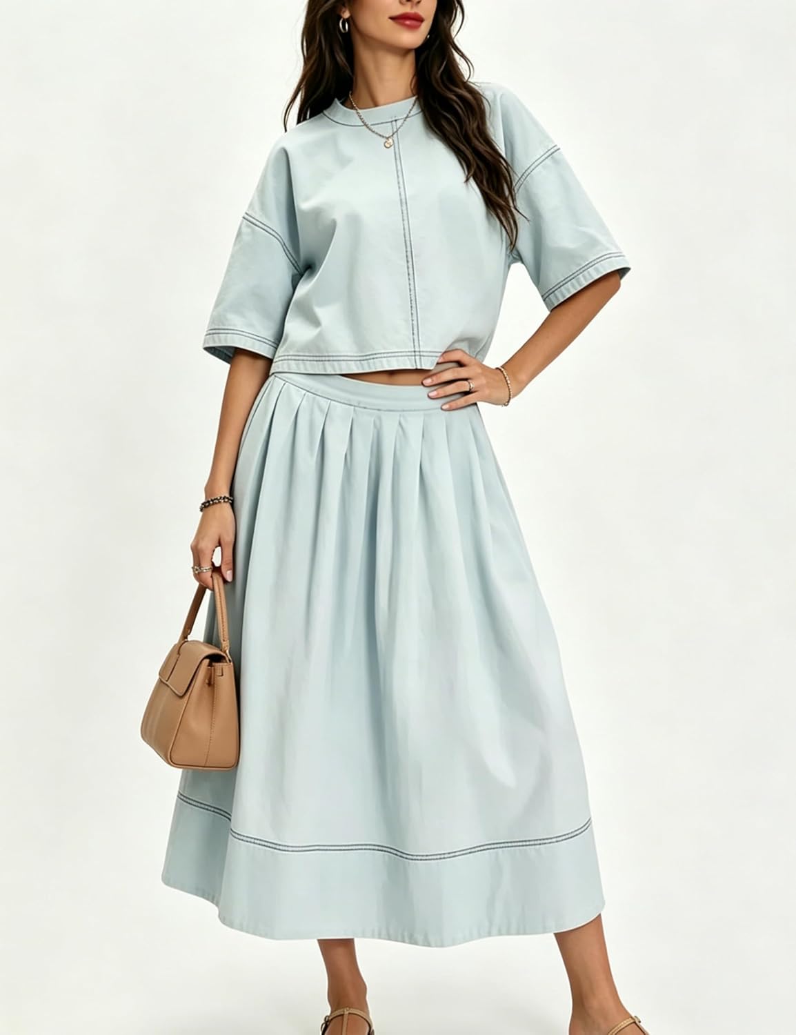 Zontroldy Women's Summer Casual 2 Piece Outfits Skirt Set Short Sleeve Pullover Crop Tops Midi Dress
