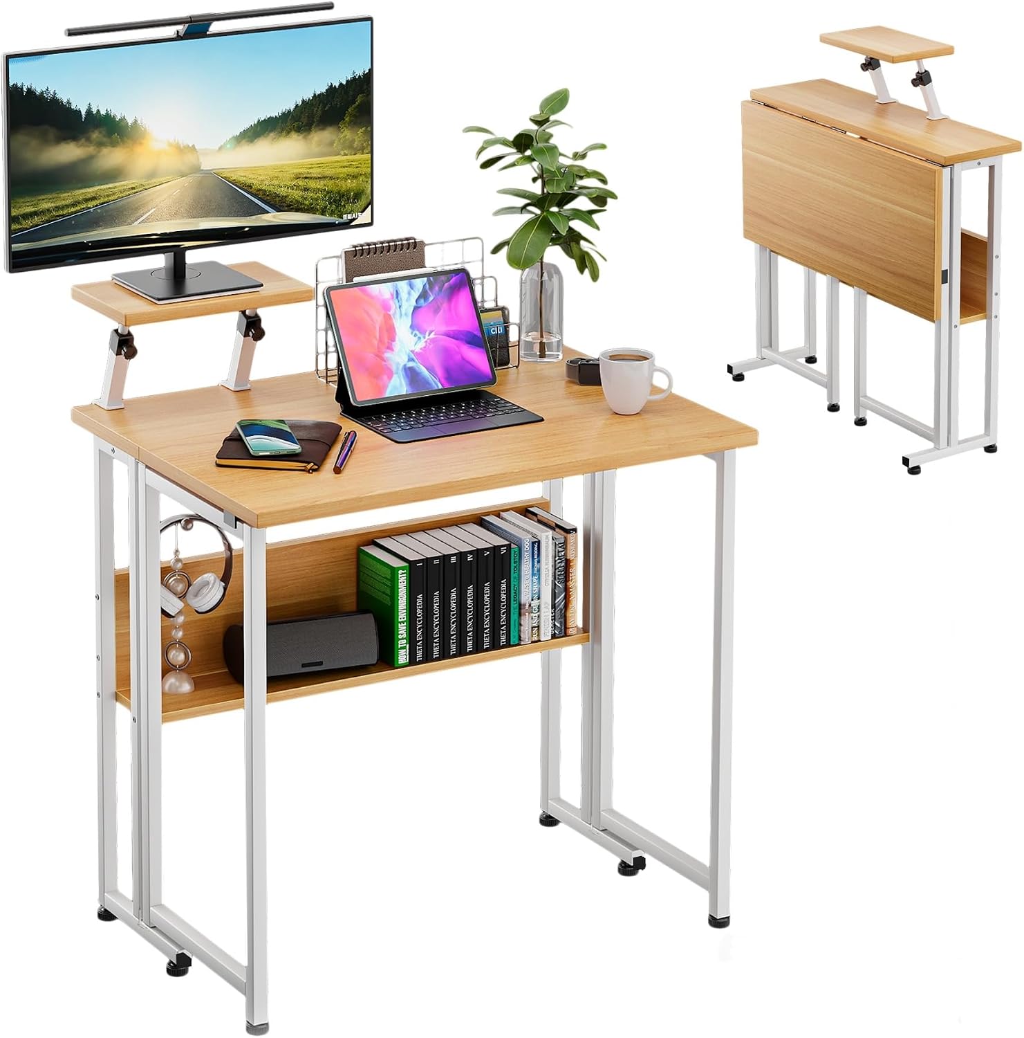 Wood Small Folding Computer Table with Monitor Stand, Movable Laptop ...