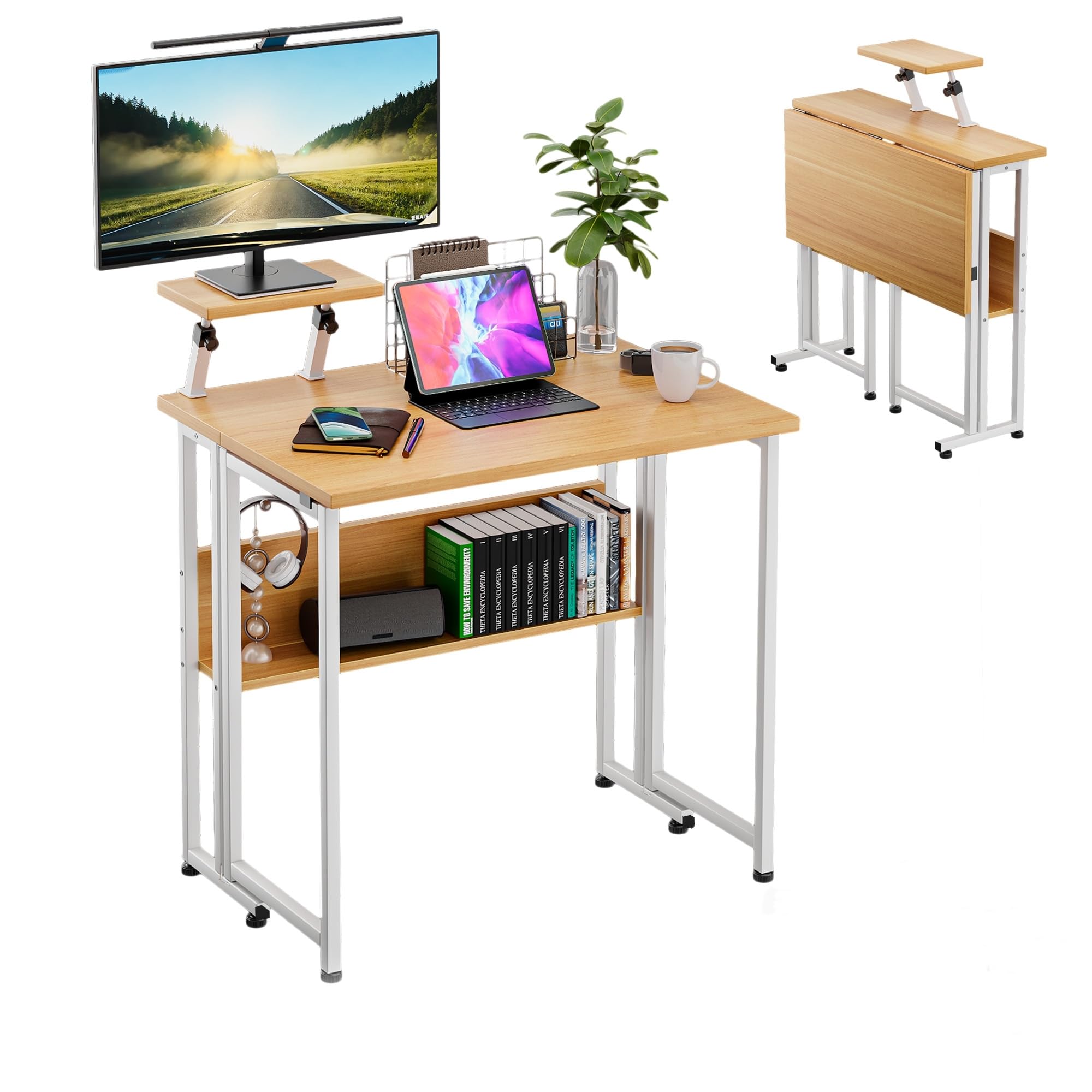Wood Small Folding Computer Table with Monitor Stand, Movable Laptop Notebook PC Desk with Wheels for Home Office Bedroom Writing Study, White Frame and Wood Color Top, Simple Assembly, 80x58x75 cm
