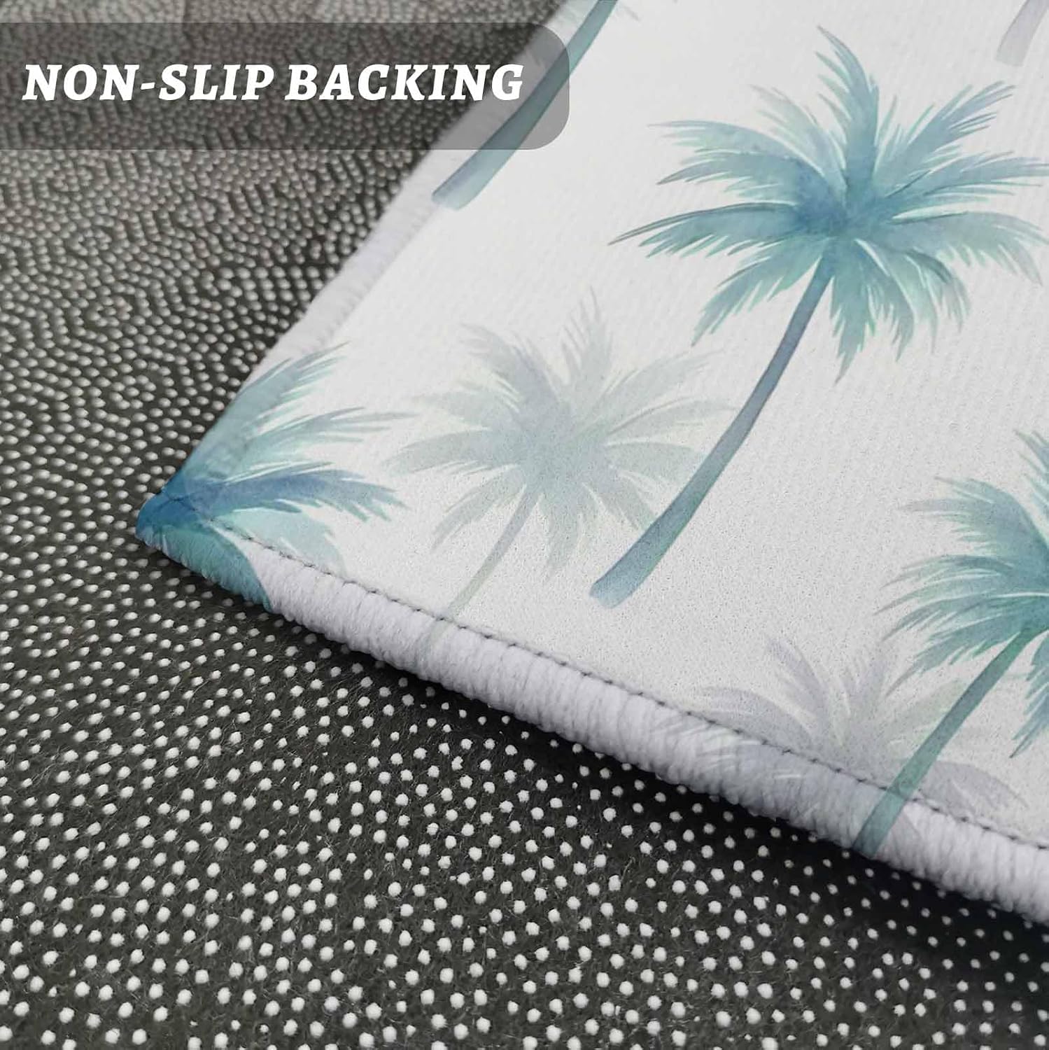 Kitchen Mats for Floor Coastal Teal Palm Tree Seamless Washable Non Slip Kitchen Rugs 2PCS, Summer Tropical Plant Absorbent Standing Mats for Sink Bathroom Office Living Room 15.7x23.6in+15.7x47.2in