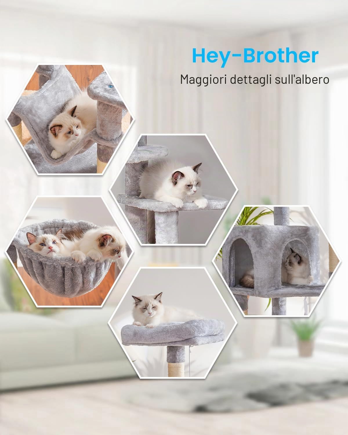 Hey-brother Tiragraffi per Gatti,Albero per Gatti Alto 154 cm,Torre per gatti stabile e a più livelli, Dotato di una Caverna per Gatti, Cesto, amaca e Piattaforma superiore, grigio chiaro 0EMPJ050W
