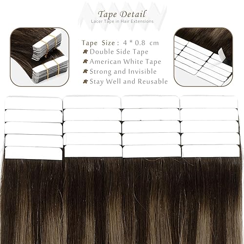 Miniatura 3 de Lacer Extensiones de cabello humano Remy con cinta adhesiva, enraizado marrón oscuro a castaño con reflejos marrón oscuro, invisible, sedoso, lacio,