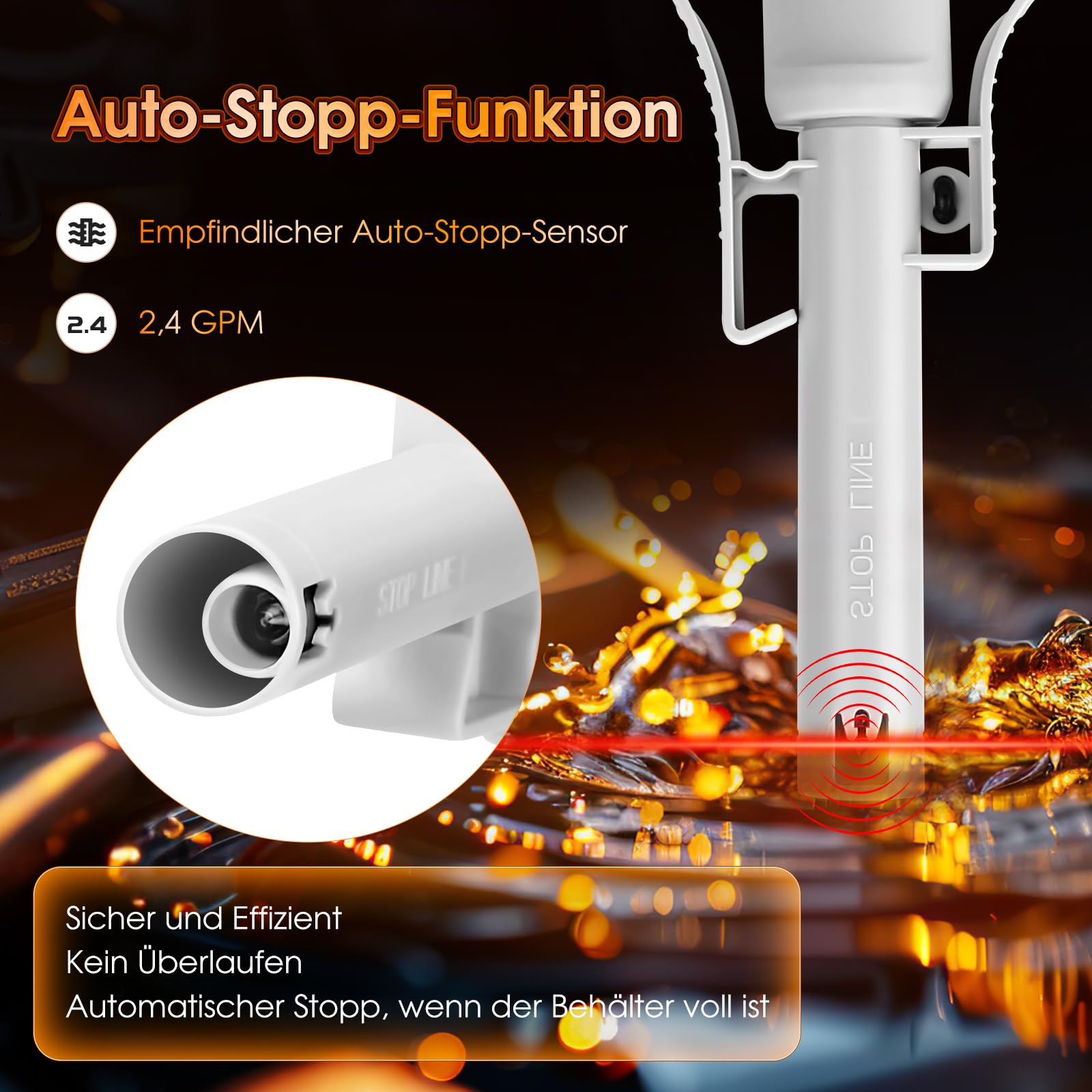 Pompa di Trasferimento del Carburante con Sensore di Arresto Automatico - 2,4 GPM, Pompa Travaso Gasolio Elettrica con Adattatore di 3 Dimensioni, Pompa per Liquidi Portatile a Batteria per Olio, Benz