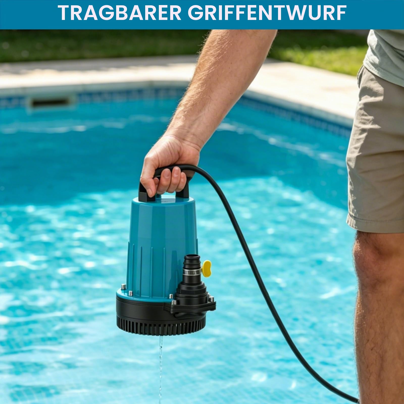 Akku Tauchpumpe, 11000 L/H Akku Klarwasserpumpe, 5m Verbindungskabe, Förderhöhe 12m, Tauchpumpe für Pool, Wasserbetten, Garten Dusche, Pfütze (Inklusive 21V Akku und Ladegerät)