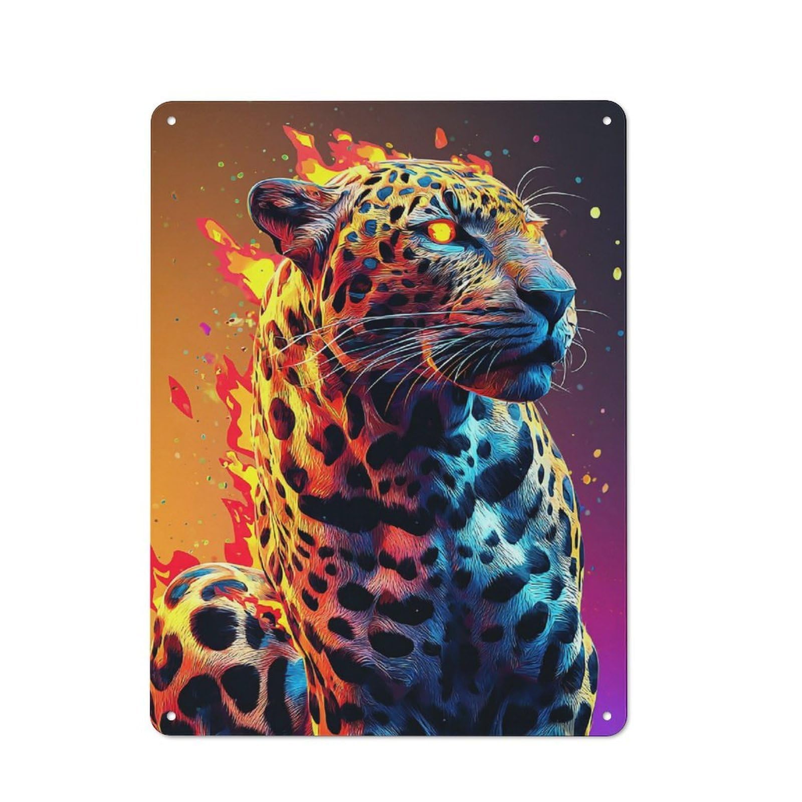 Junmoney Colorful Leopard In Flames Retro Metal Plaque 40X30cm For Guest Room Or Hallway, Housewarming Present For People Styling Guest Room And Hallway