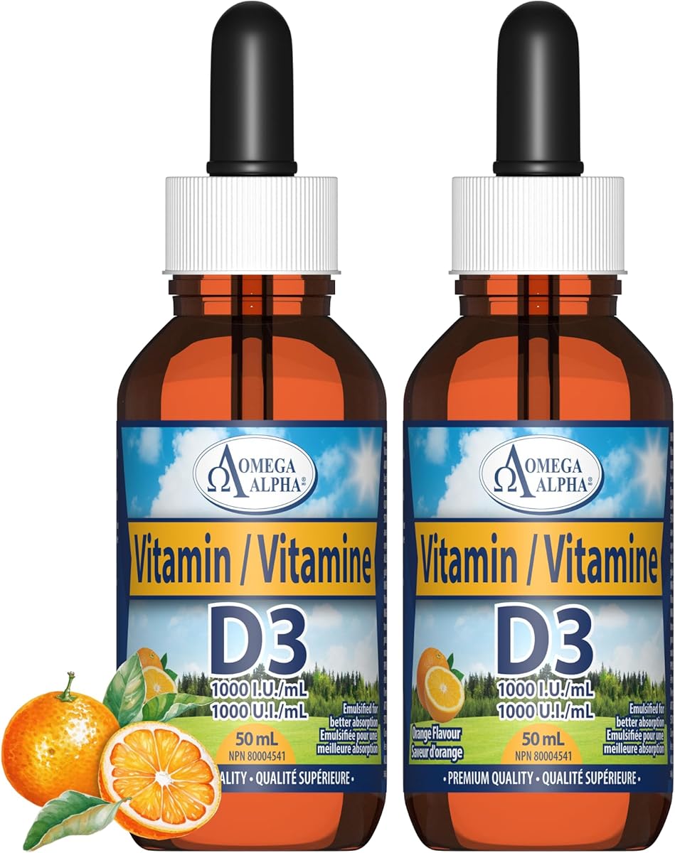Omega Alpha Omega Alpha Vitamin D3 Liquid D Drops Supplement 1000 IU Immune Booster Strong Bones and Teeth For Adult Men Women and Kids Orange Flavour 2 x 50mL 2-Pack Made In Canada