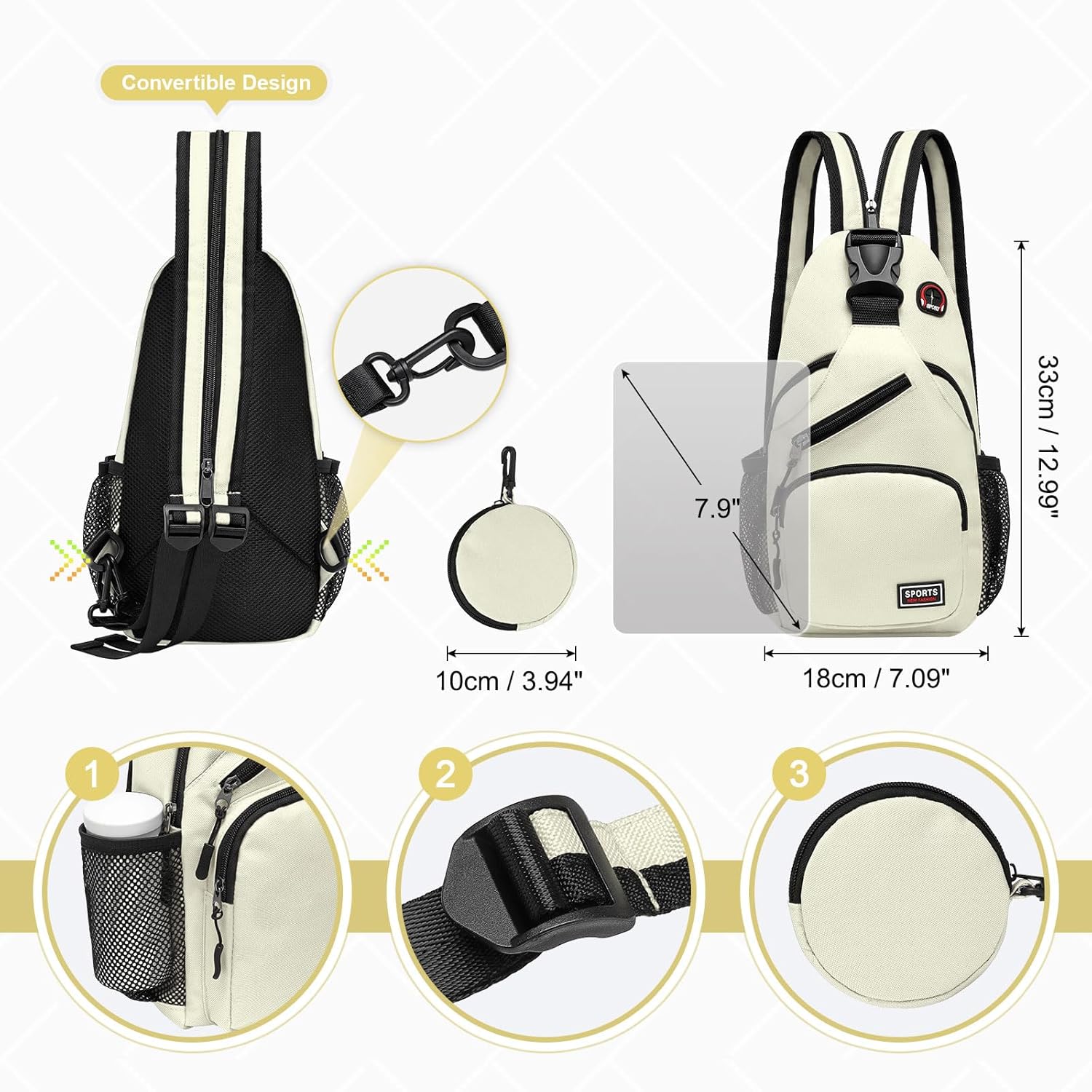 Convertible Sling Bag with Coin Pocket, 7.9" Tablet Crossbody Mini Backpack with Headphone Jack Casual Pack for Women Men Travel, White - Image 3