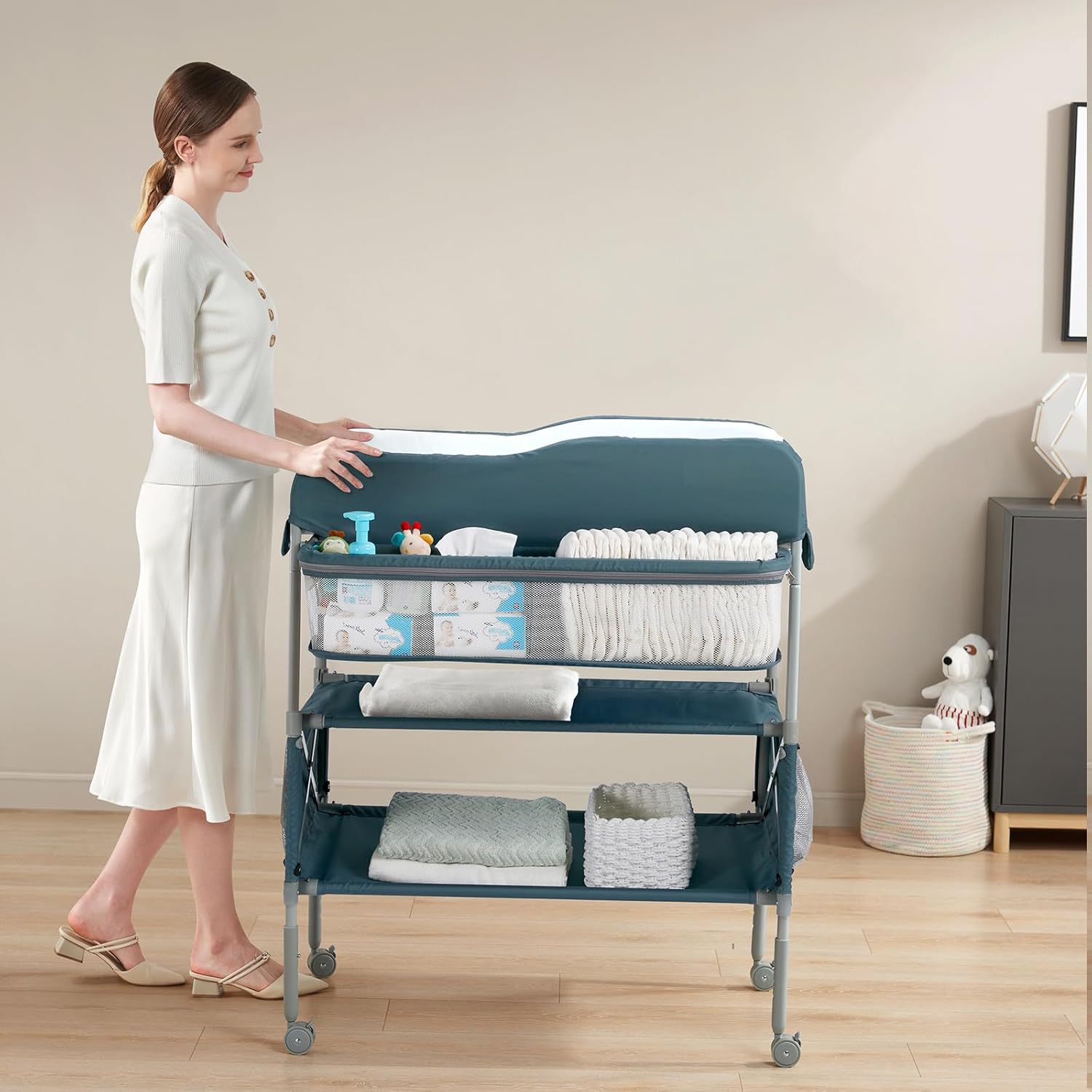 Mobile Baby Changing Station with Storage, Navy Blue, 4-Level Height Adjustable, Rolling Wheels, Diaper Organizer Table, 34x18x39 Inches