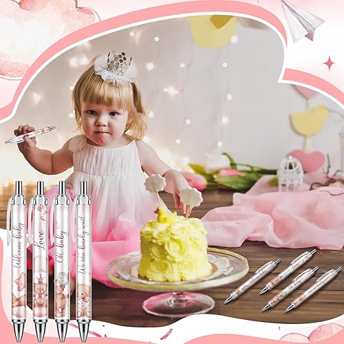 Miniatura 4 de Chuangdi 24 bolígrafos de oso rosa para baby shower, bolígrafos retráctiles a granel, tinta negra con regalos para invitados, suministros escolares