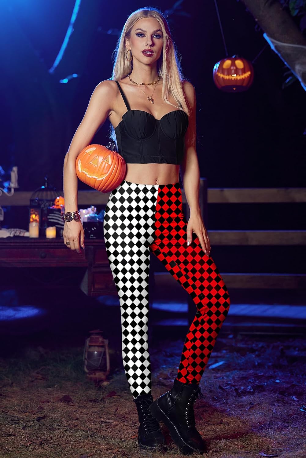 Women Halloween Stretchy Skinny Pumpkin Leggings Funny Printed Lightweight Tight Pants Checkers L